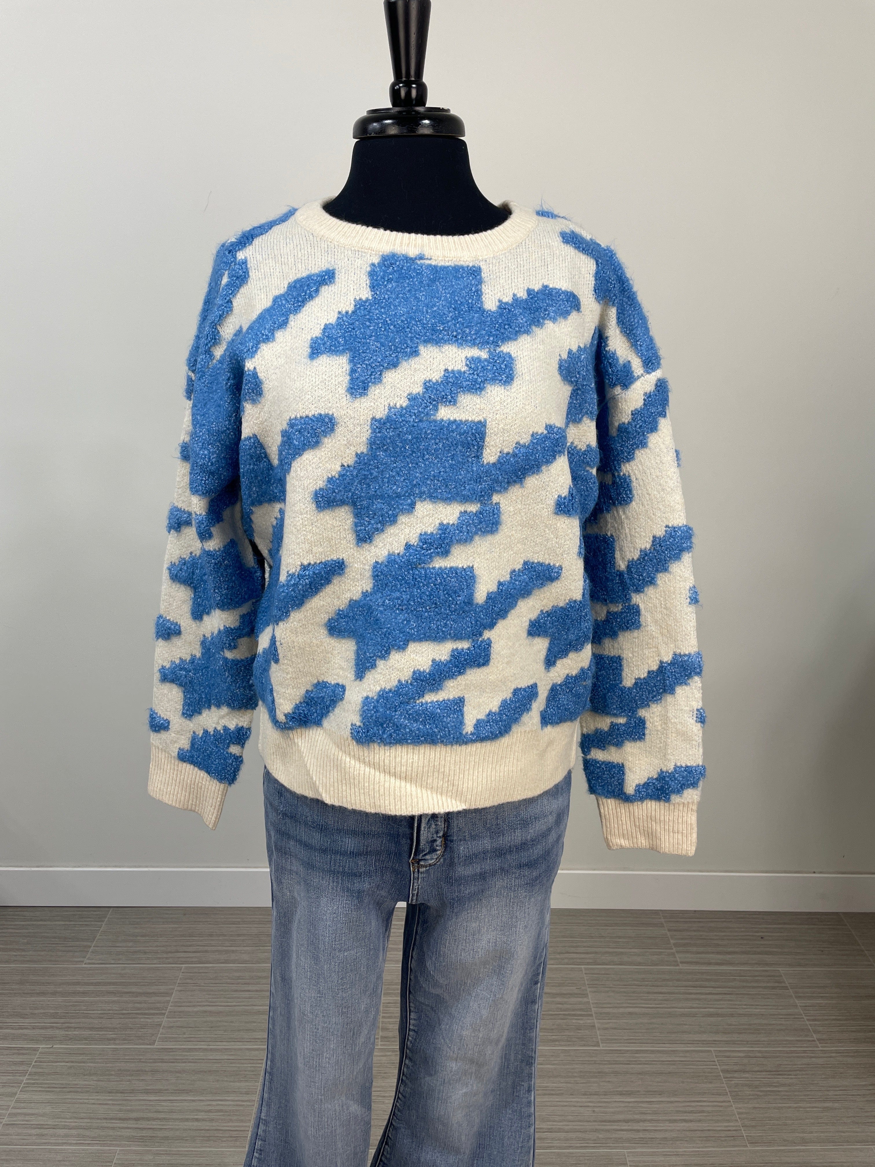 Cream & Blue Houndstooth Sweater