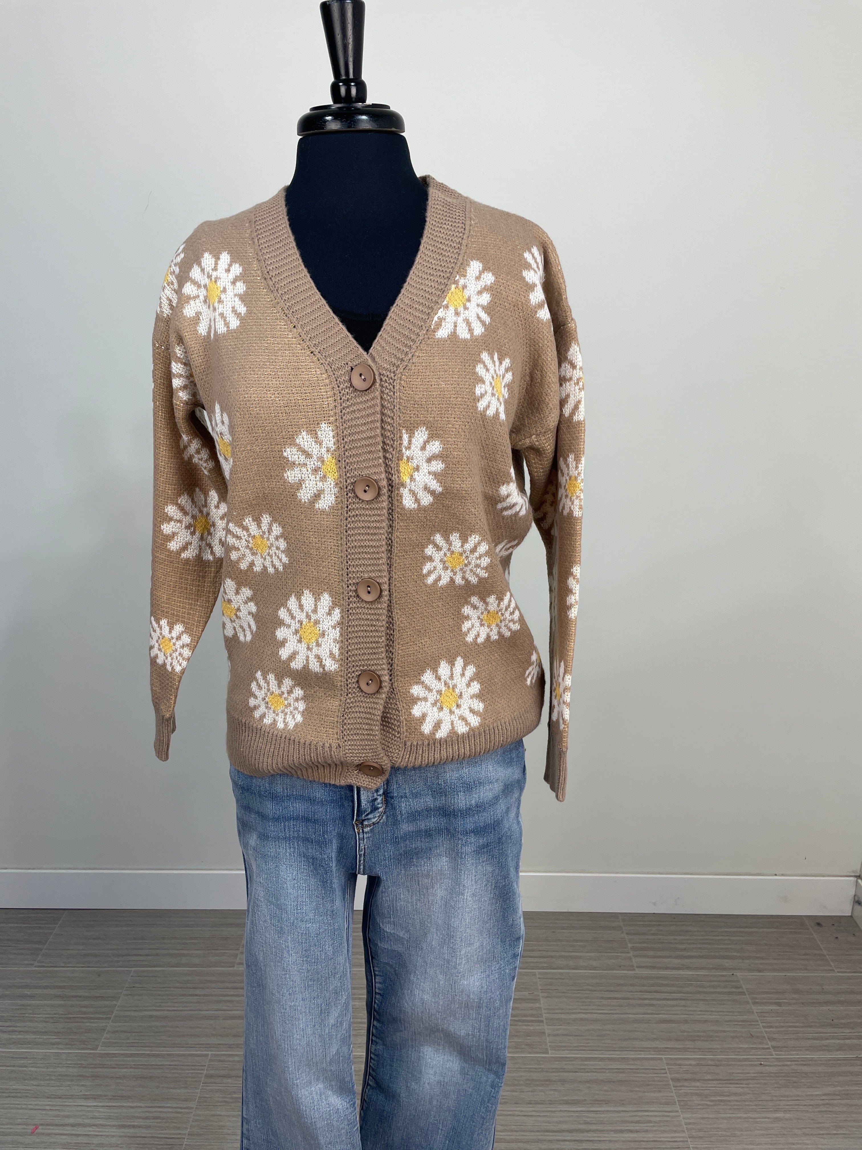 Tan Floral Button Cardigan
