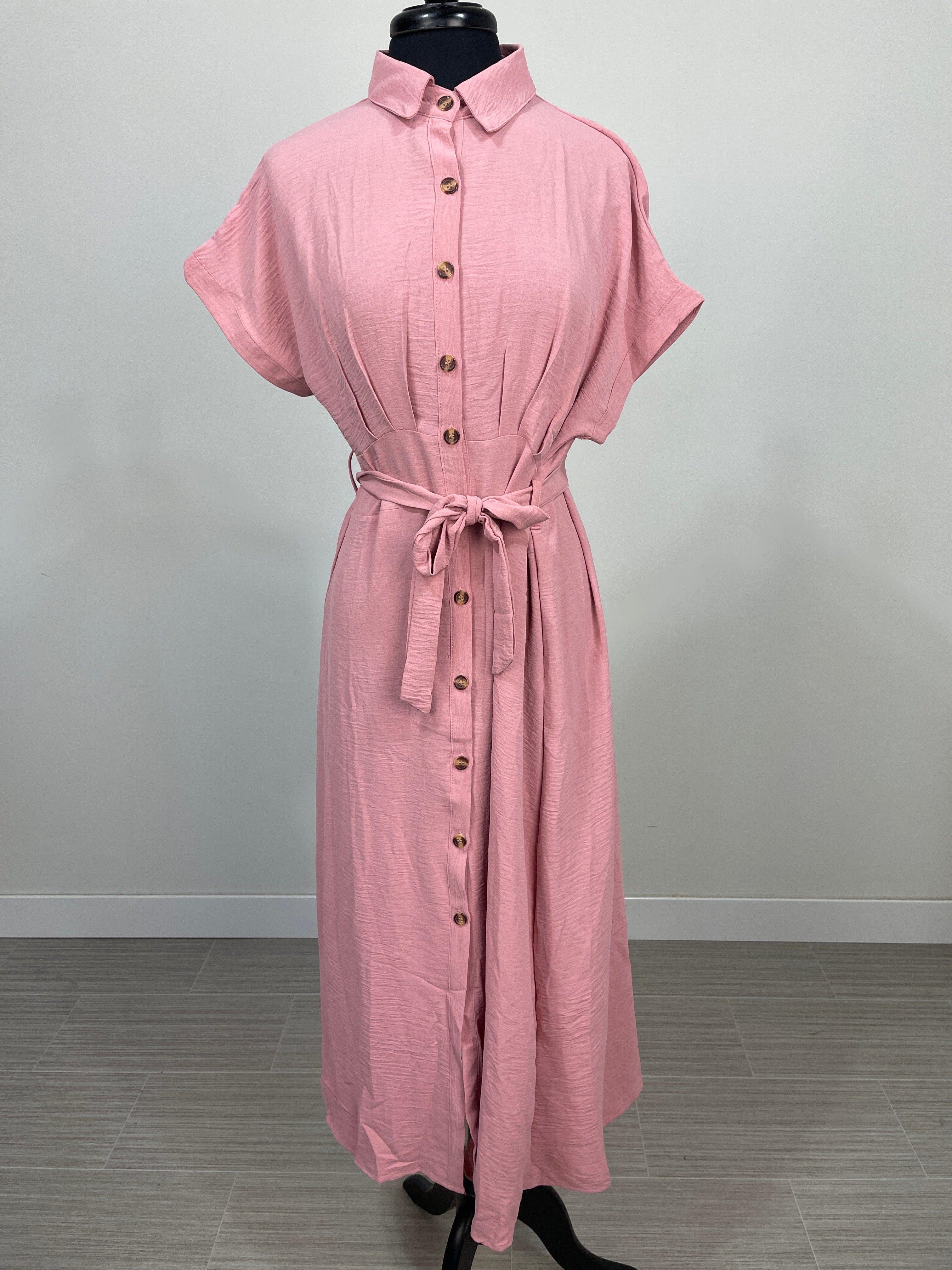 Dusty Pink Long Button Dress w/Belt