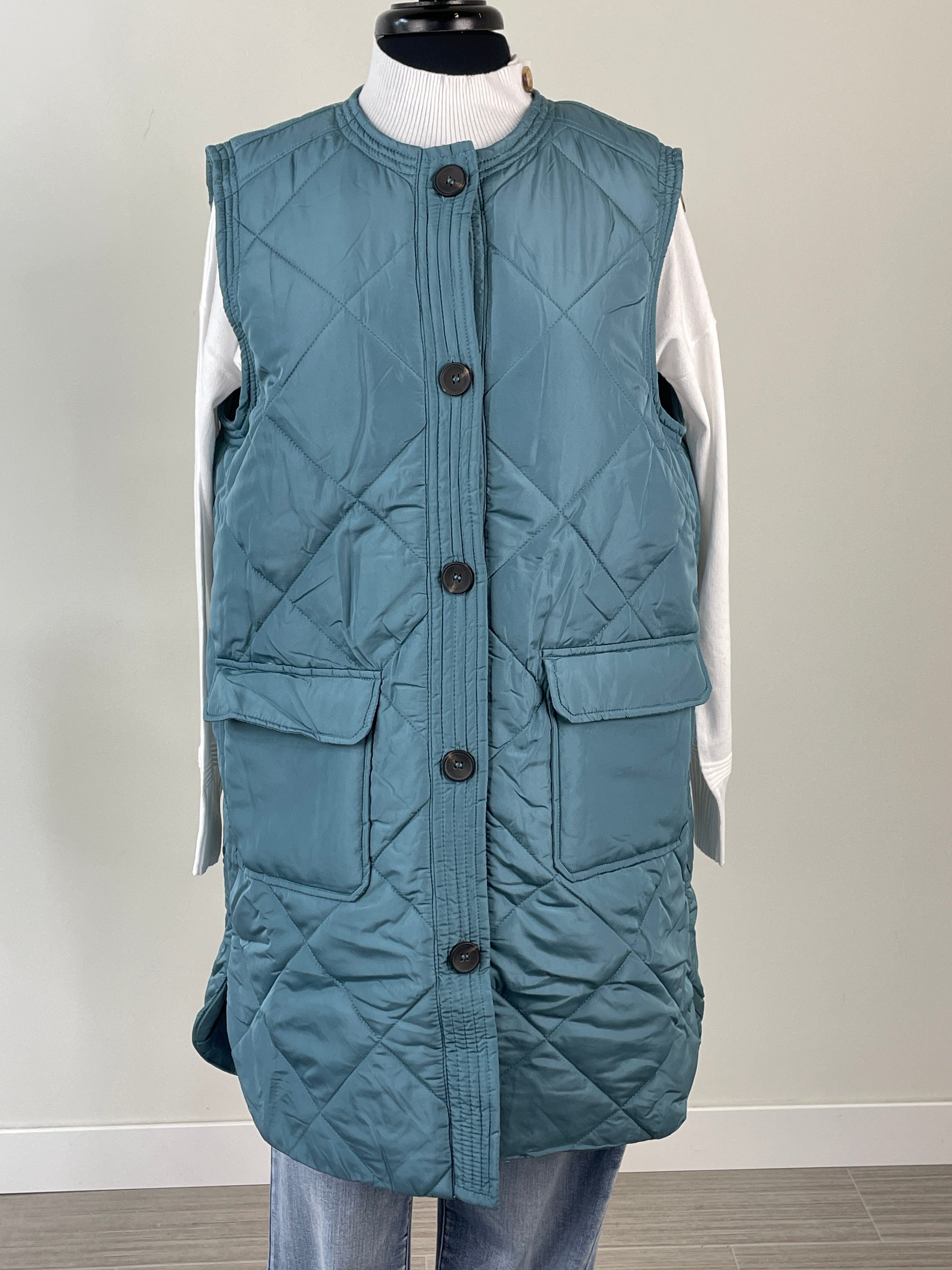 Light Teal Quilted Long Vest