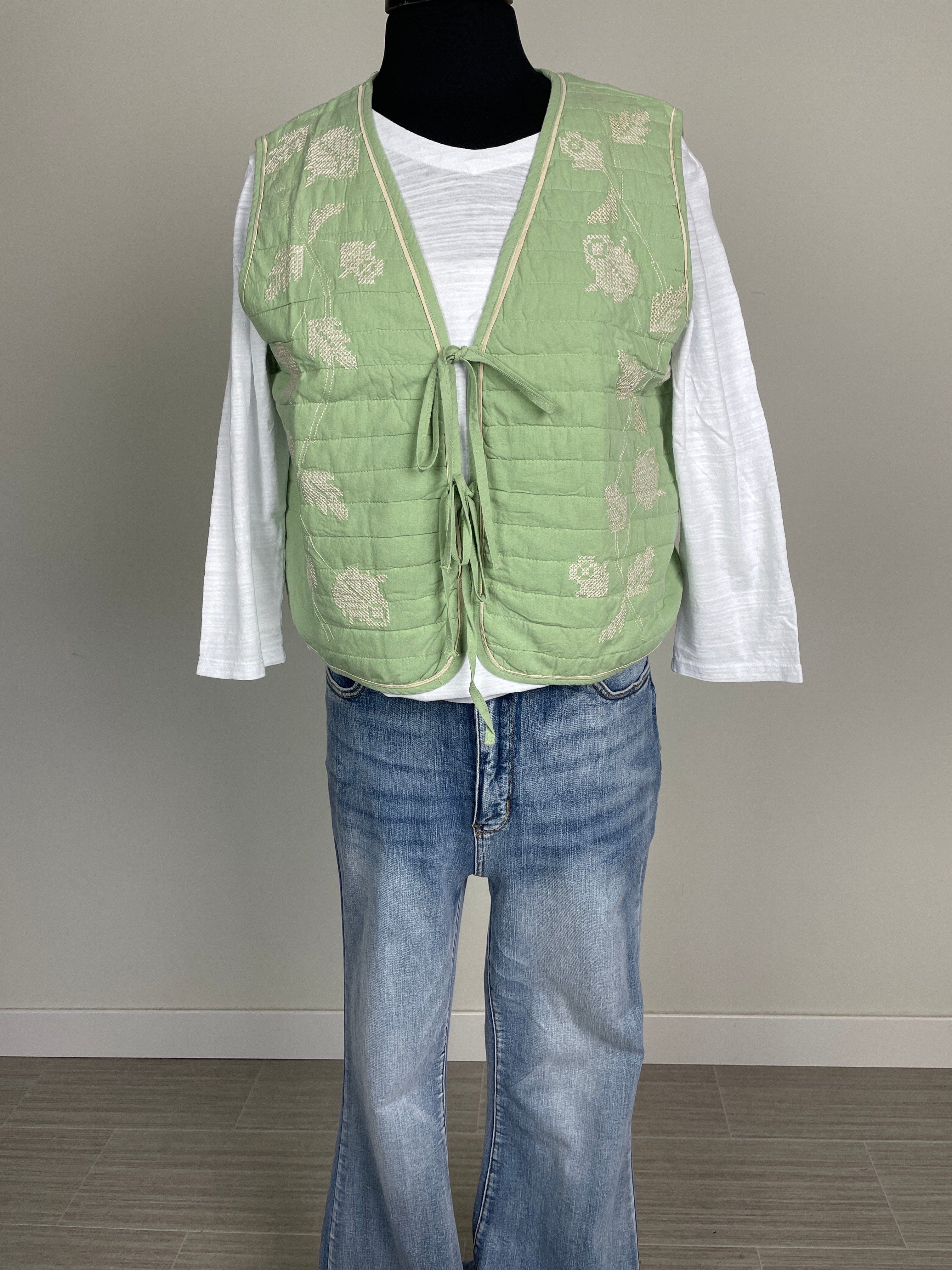 Sage Quilted Embroidered Vest