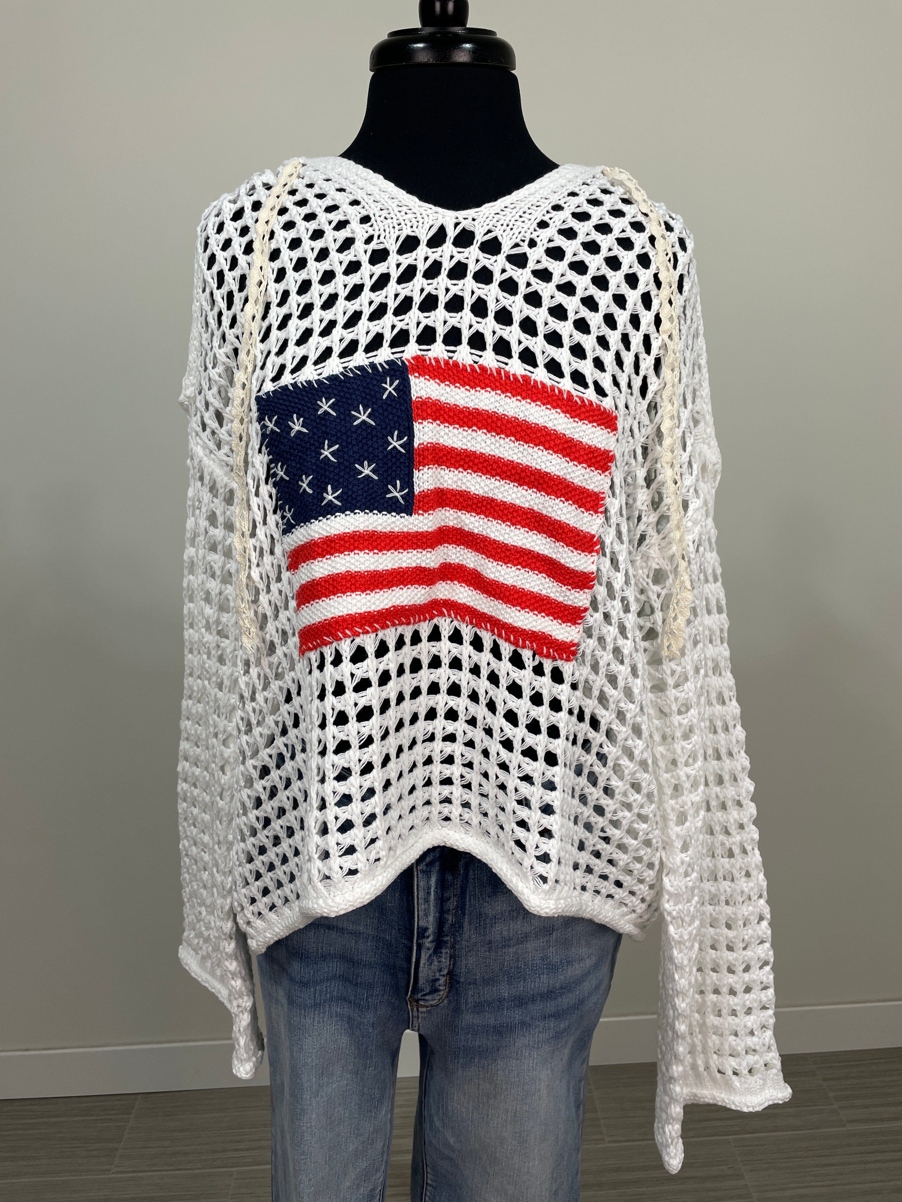 White Crochet Flag Hoodie Pullover