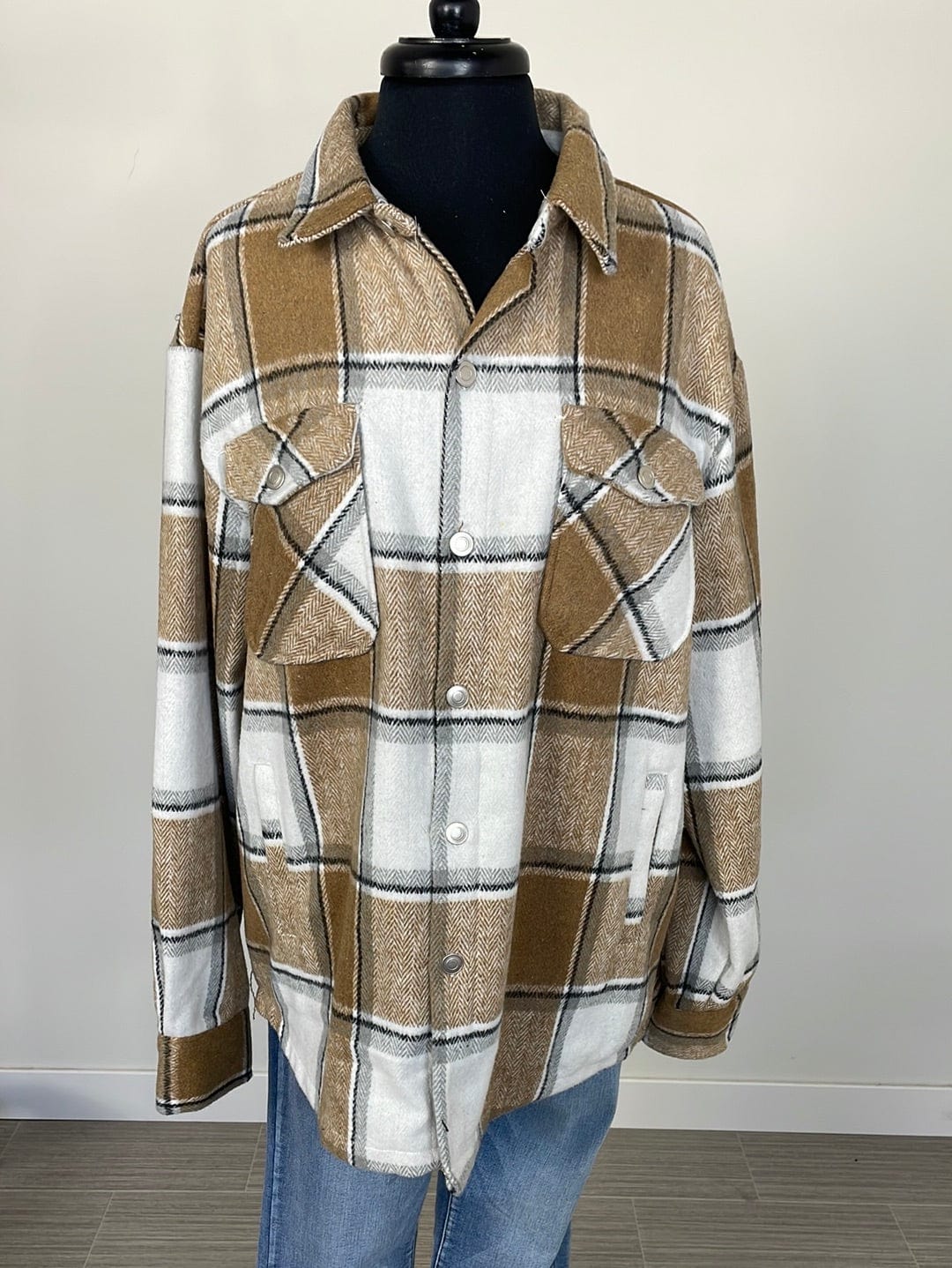 Carmel Plaid Boyfriend Fit Long Shacket