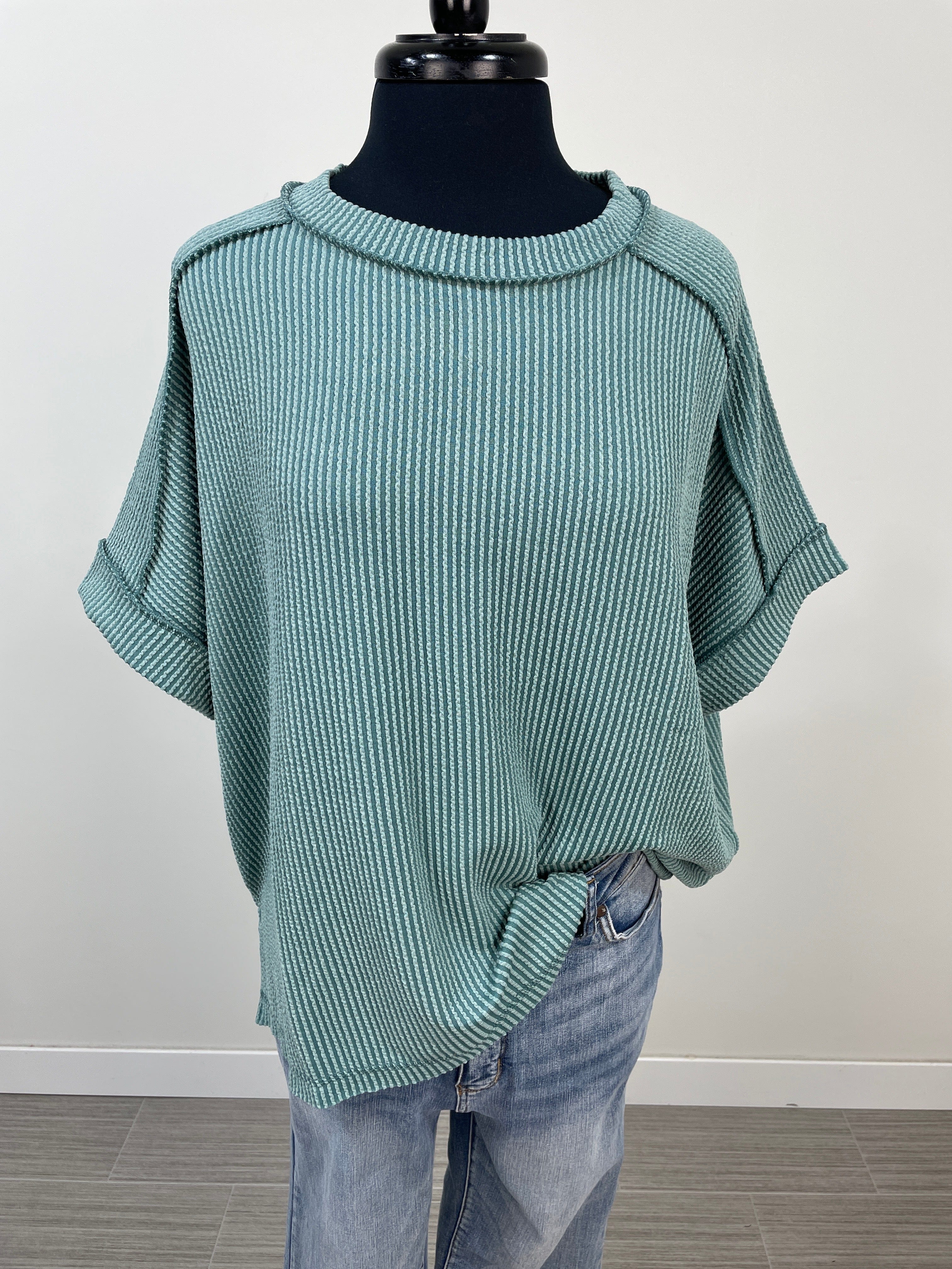 Jade Raised Rib Cuff Sleeve Top