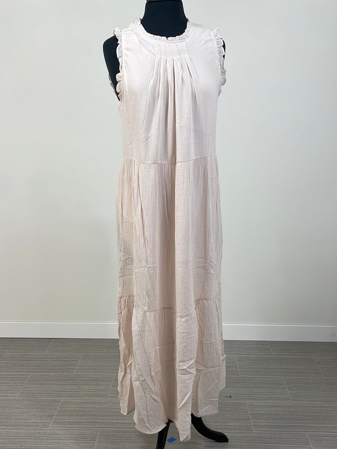 Cream Pin Tuck Ruffle Sleeve Midi Dress