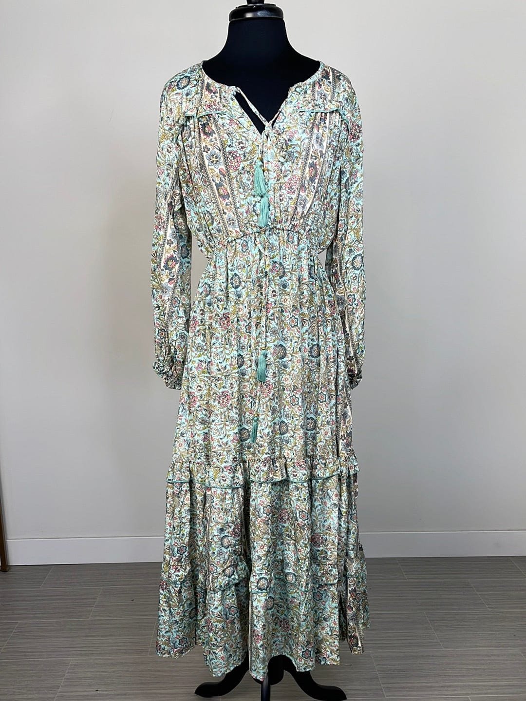 Turquoise & Blue Floral Metallic Maxi Dress