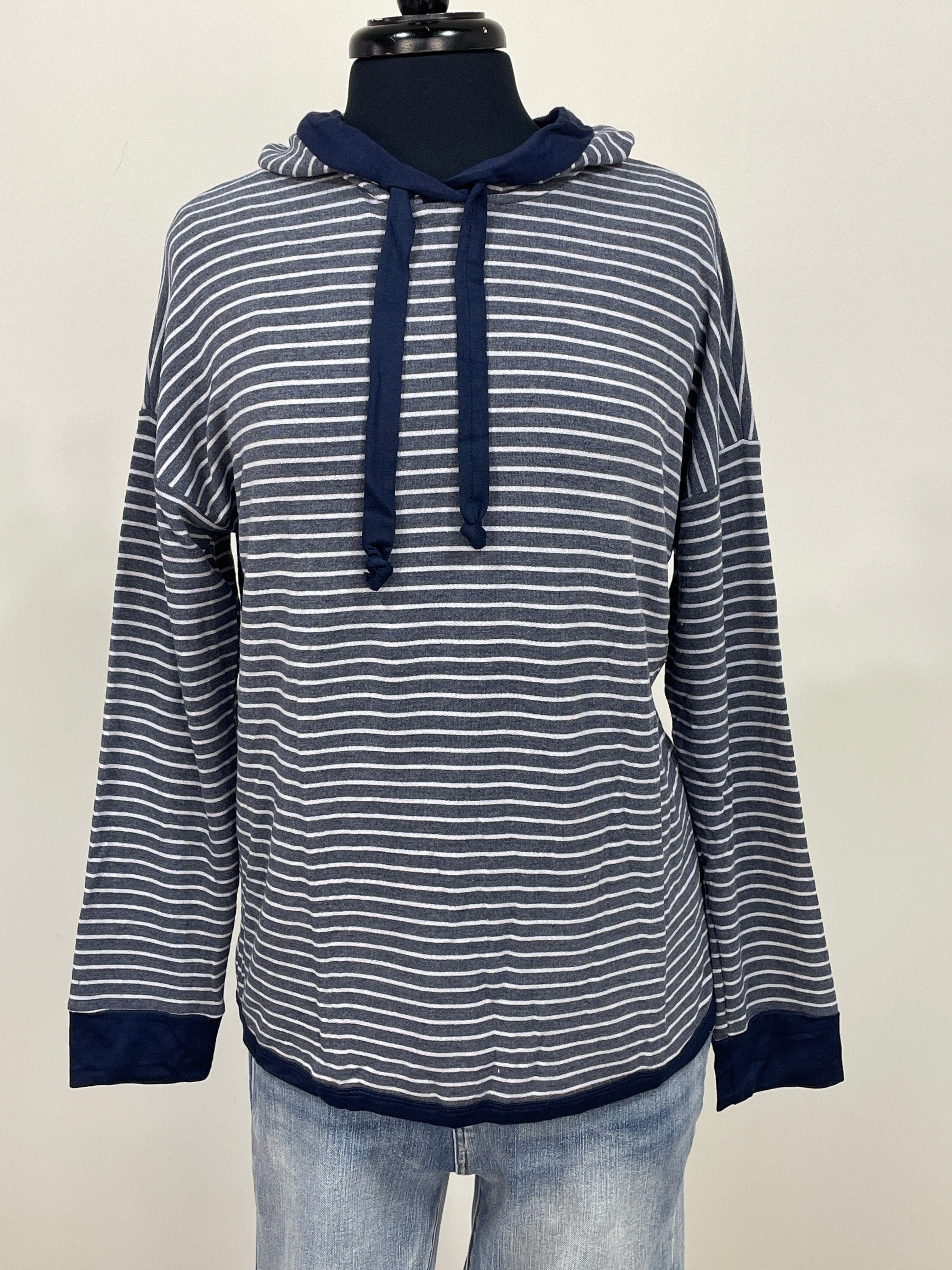 Navy Striped Hooded Top