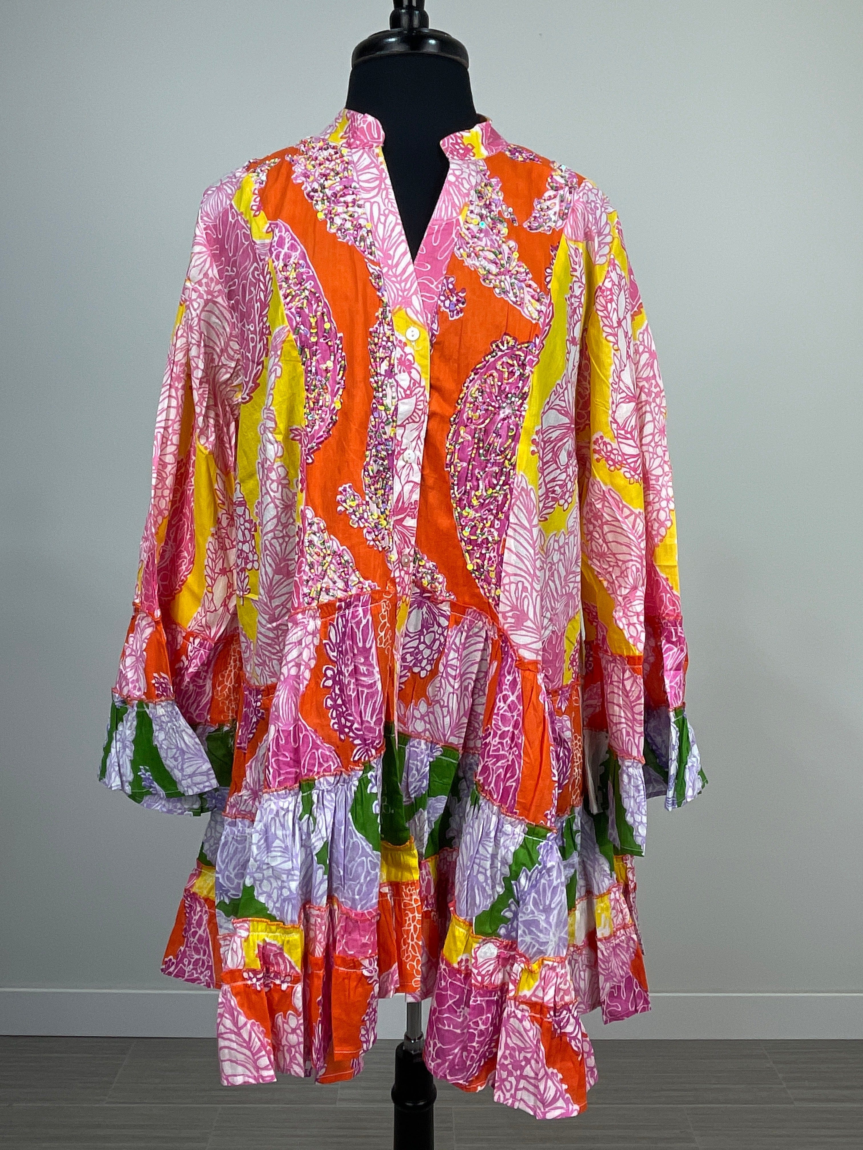 Pink Multi Floral with Beading Detail Tiered Dress