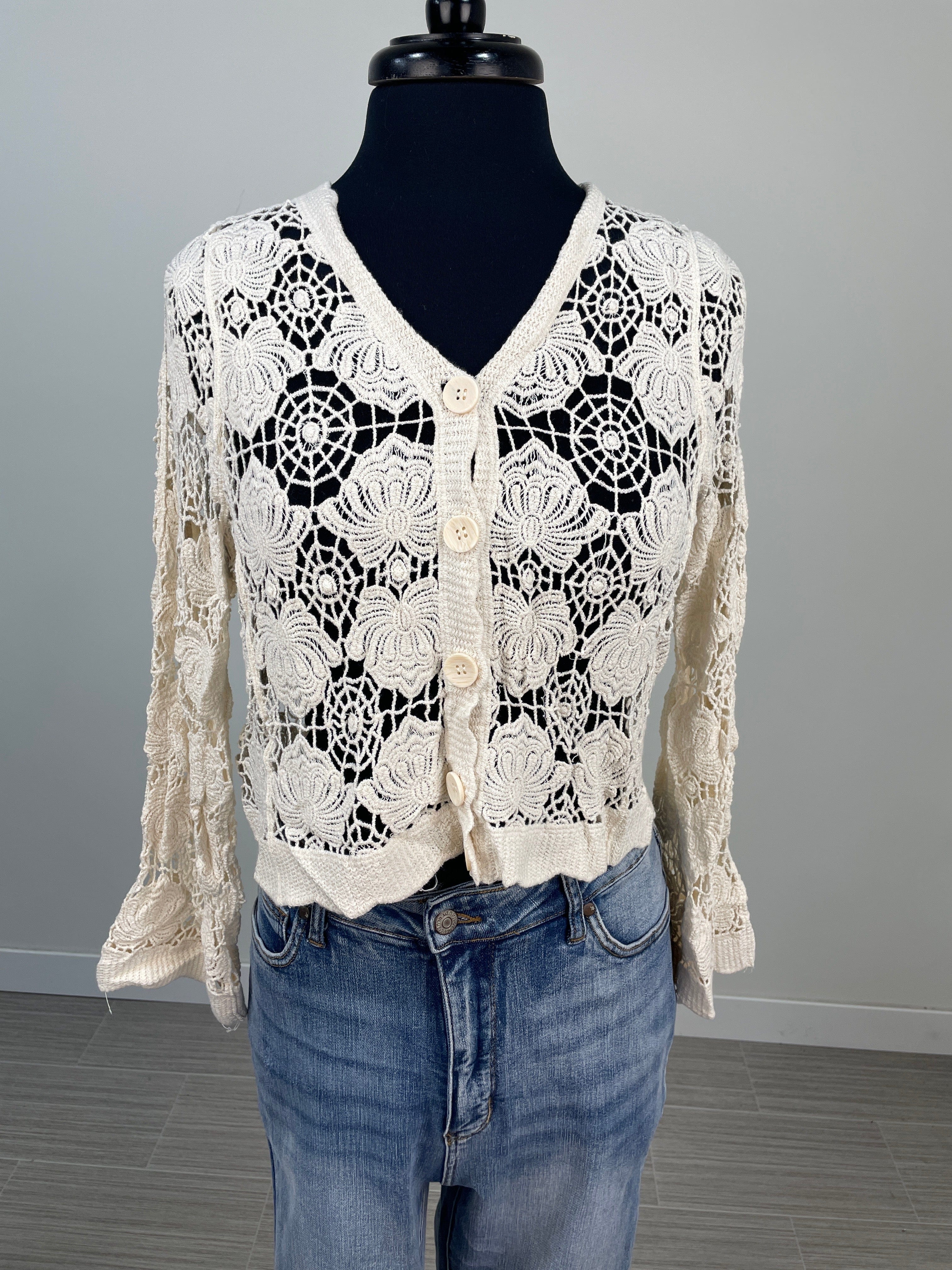 Bone Floral Crochet Button Cardigan
