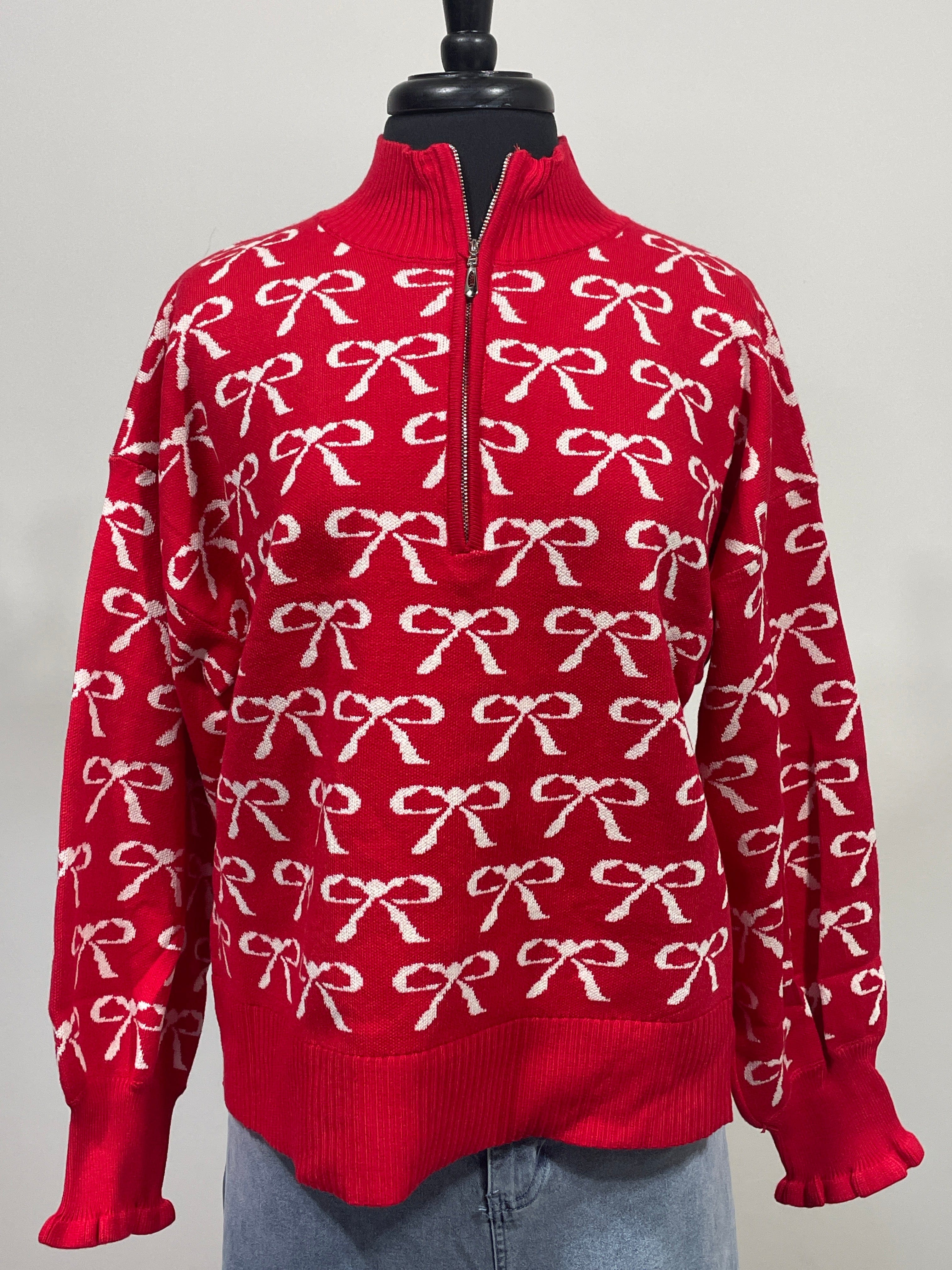 Red & White Bows Quarter Zip Pullover