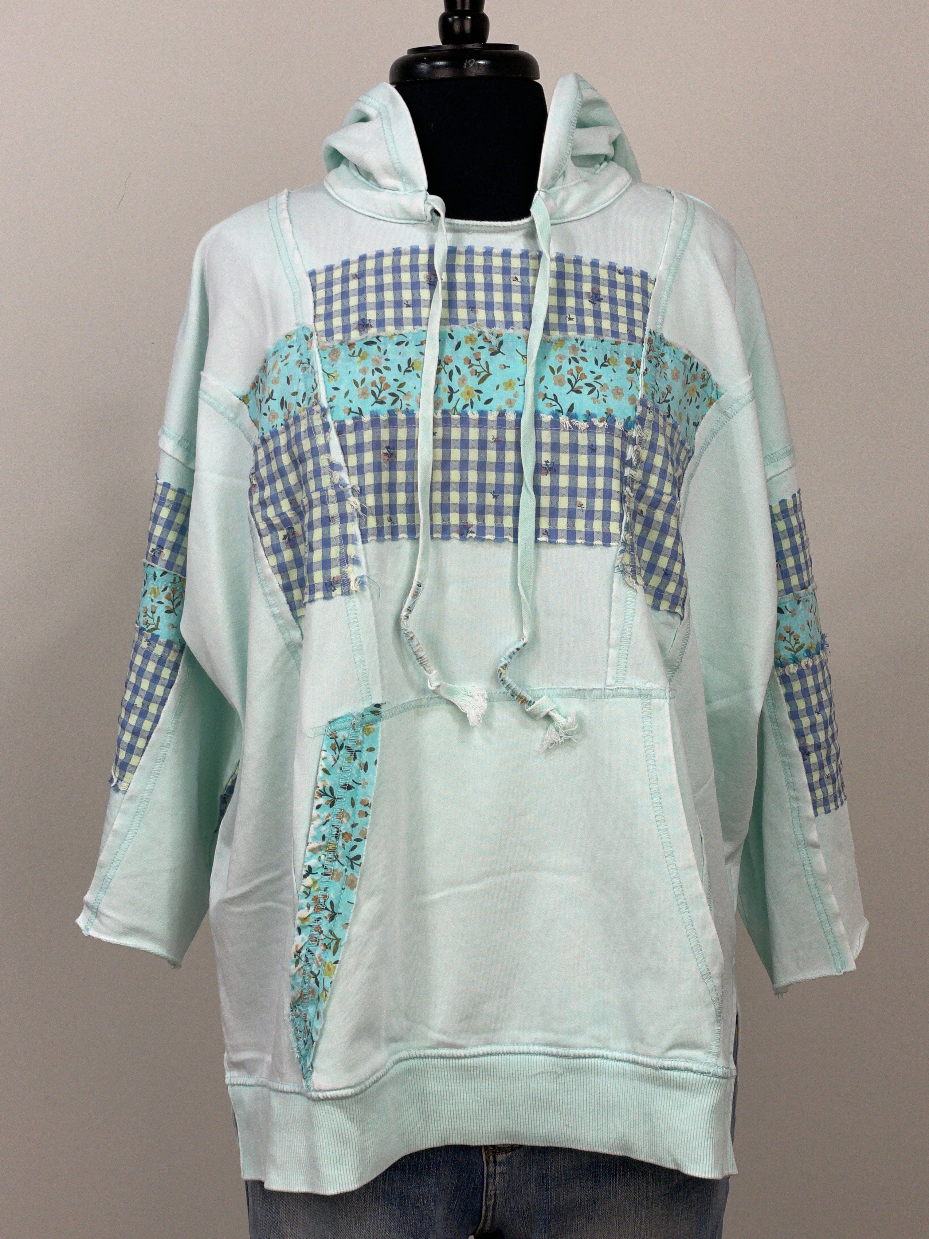 Mint Blue Mixed Patch 3/4 Sleeve Terry Pullover