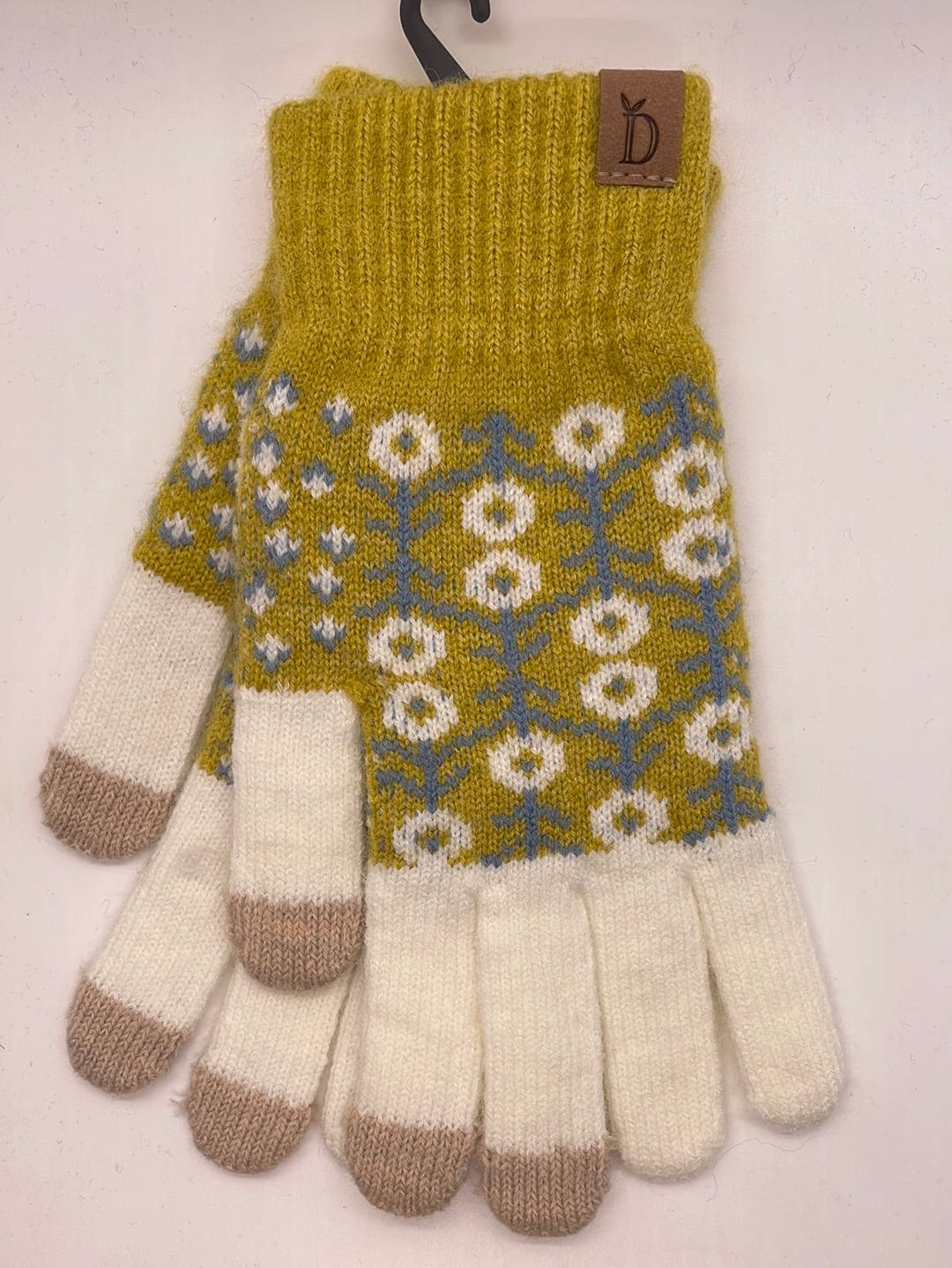 Mustard Floral Pattern Knit Gloves