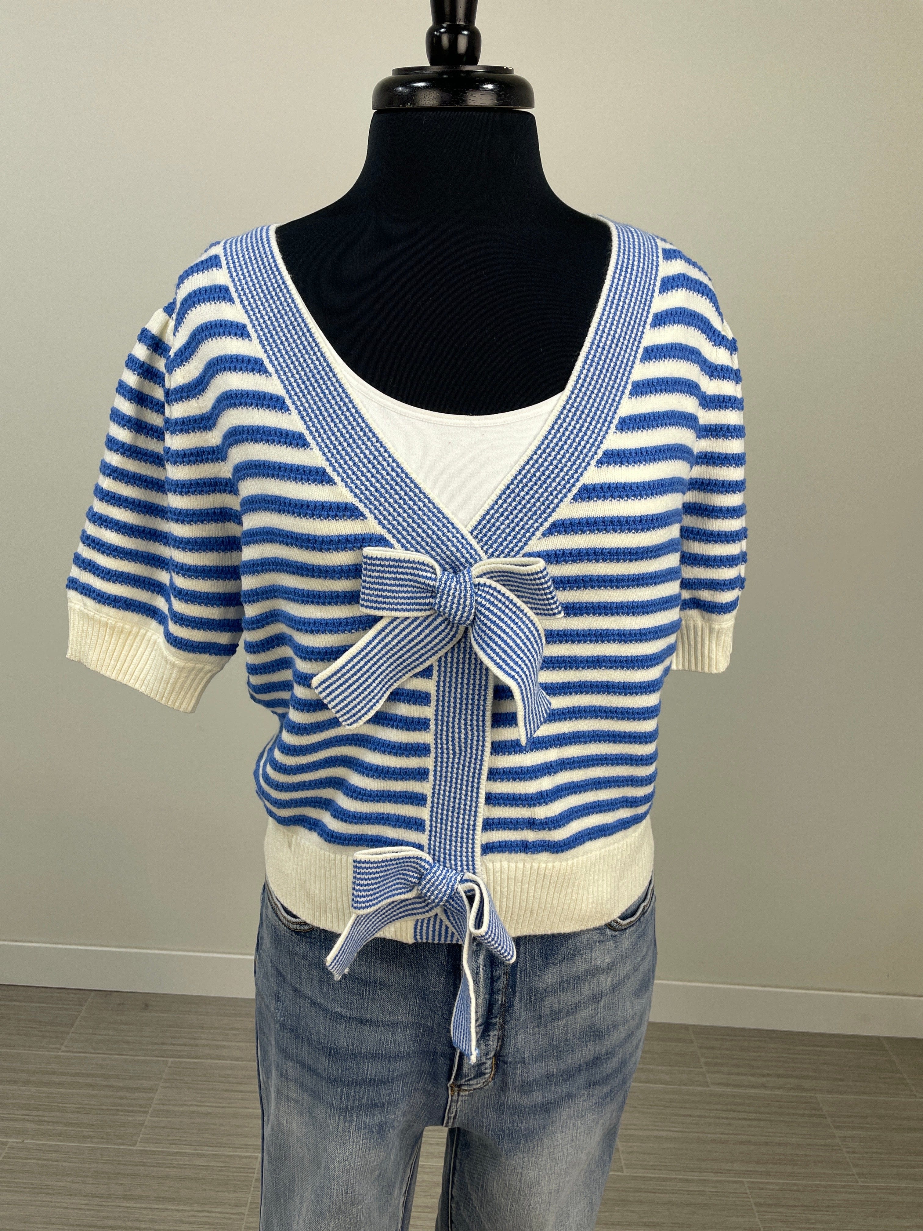 Blue Stripe Bow Crop Cardigan