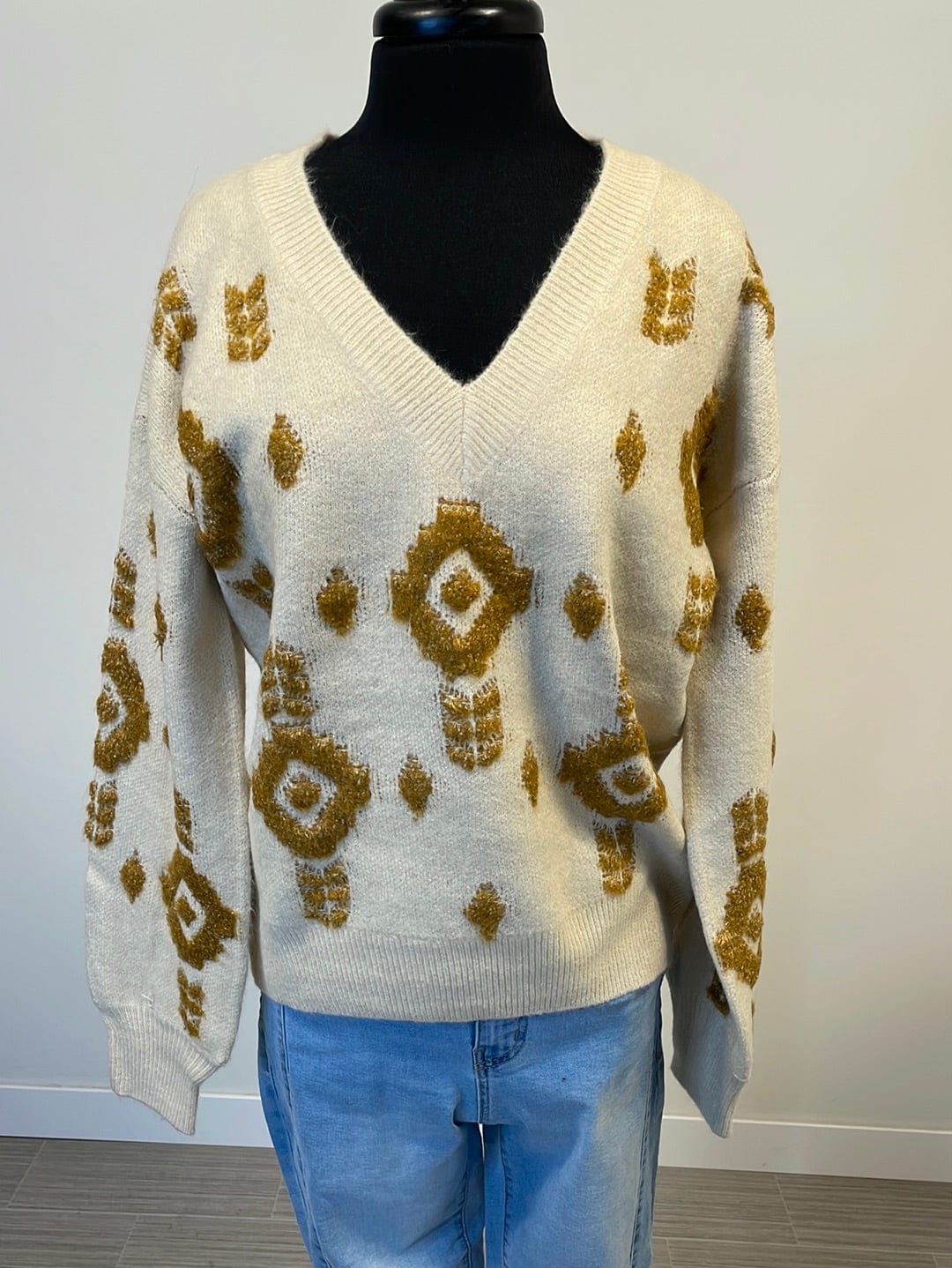 Beige Aztec Fuzzy Sweater