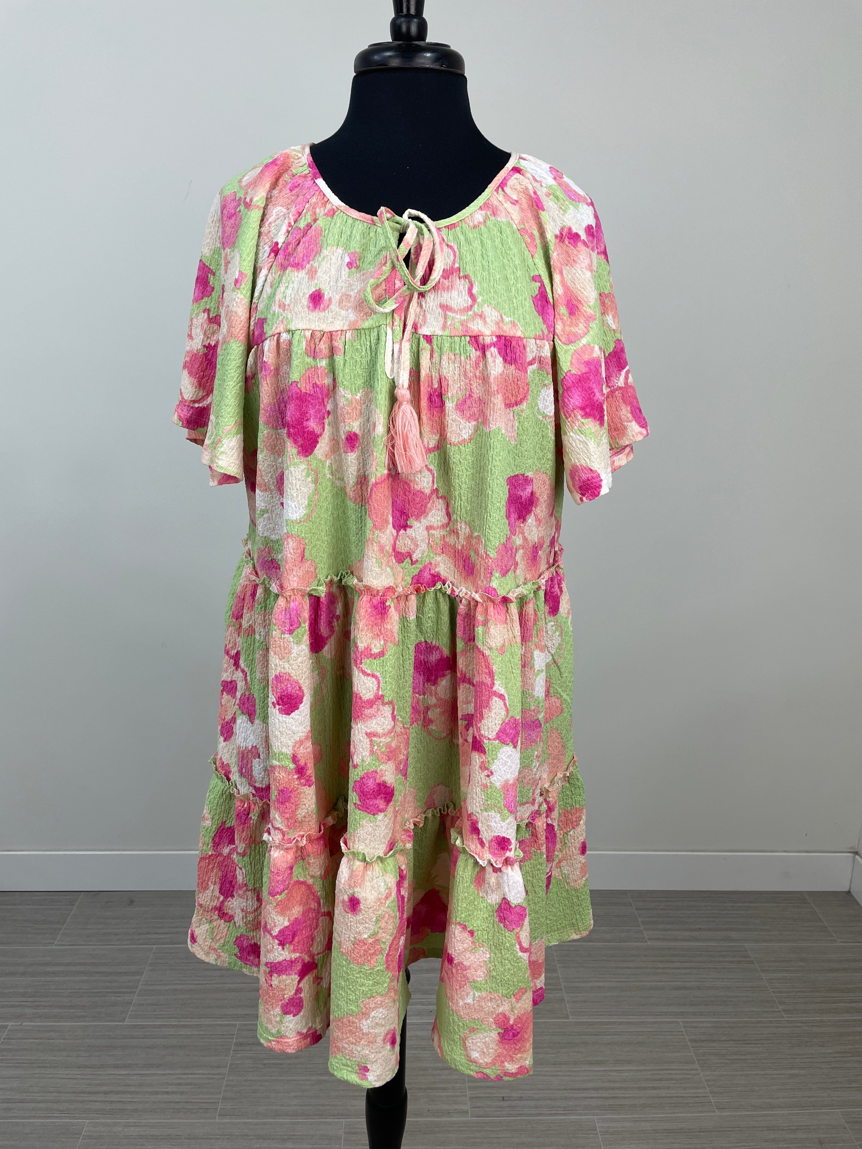 Sage and Pink Floral Tiered Dress