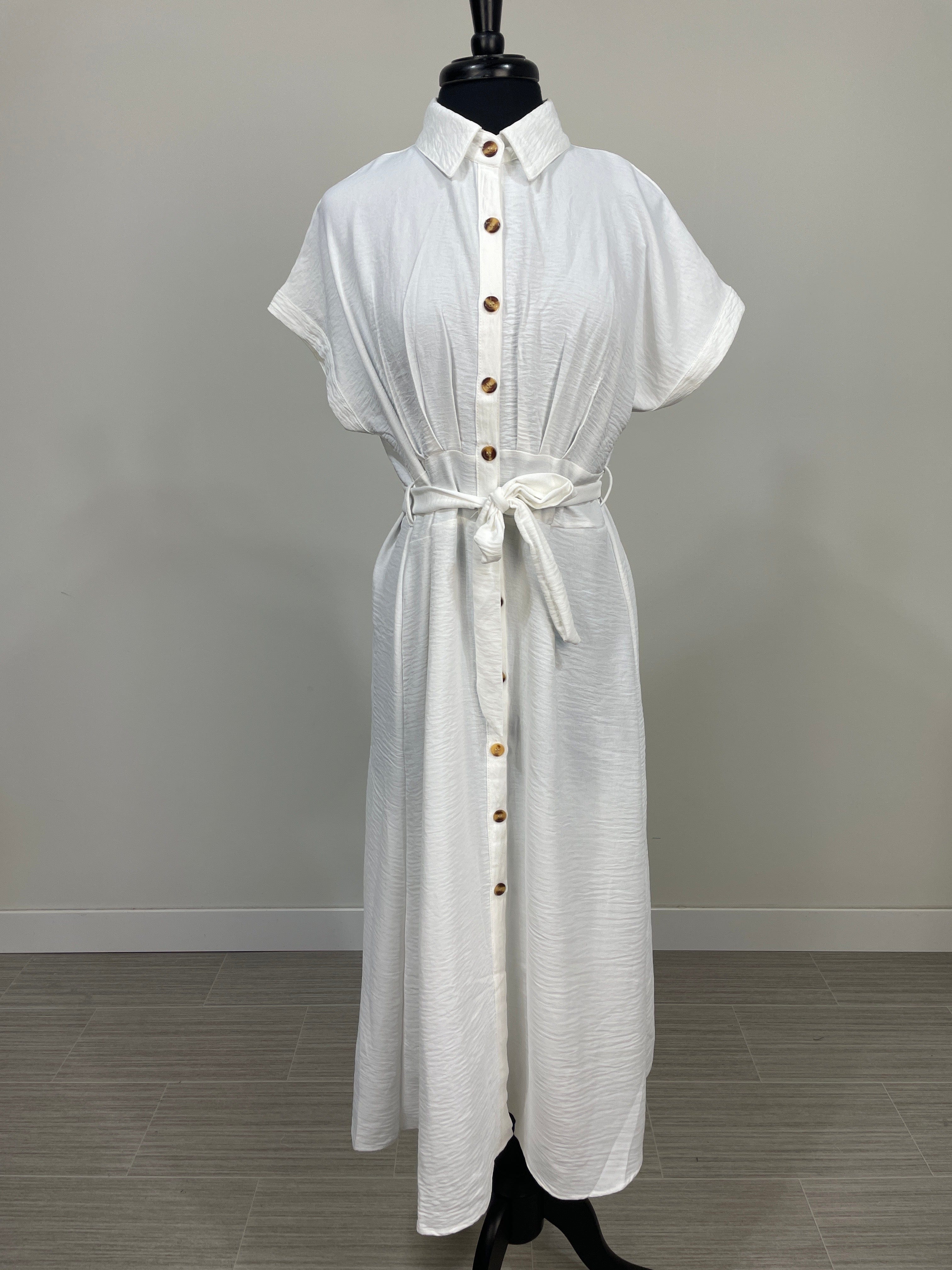 White Long Button Dress w/Belt