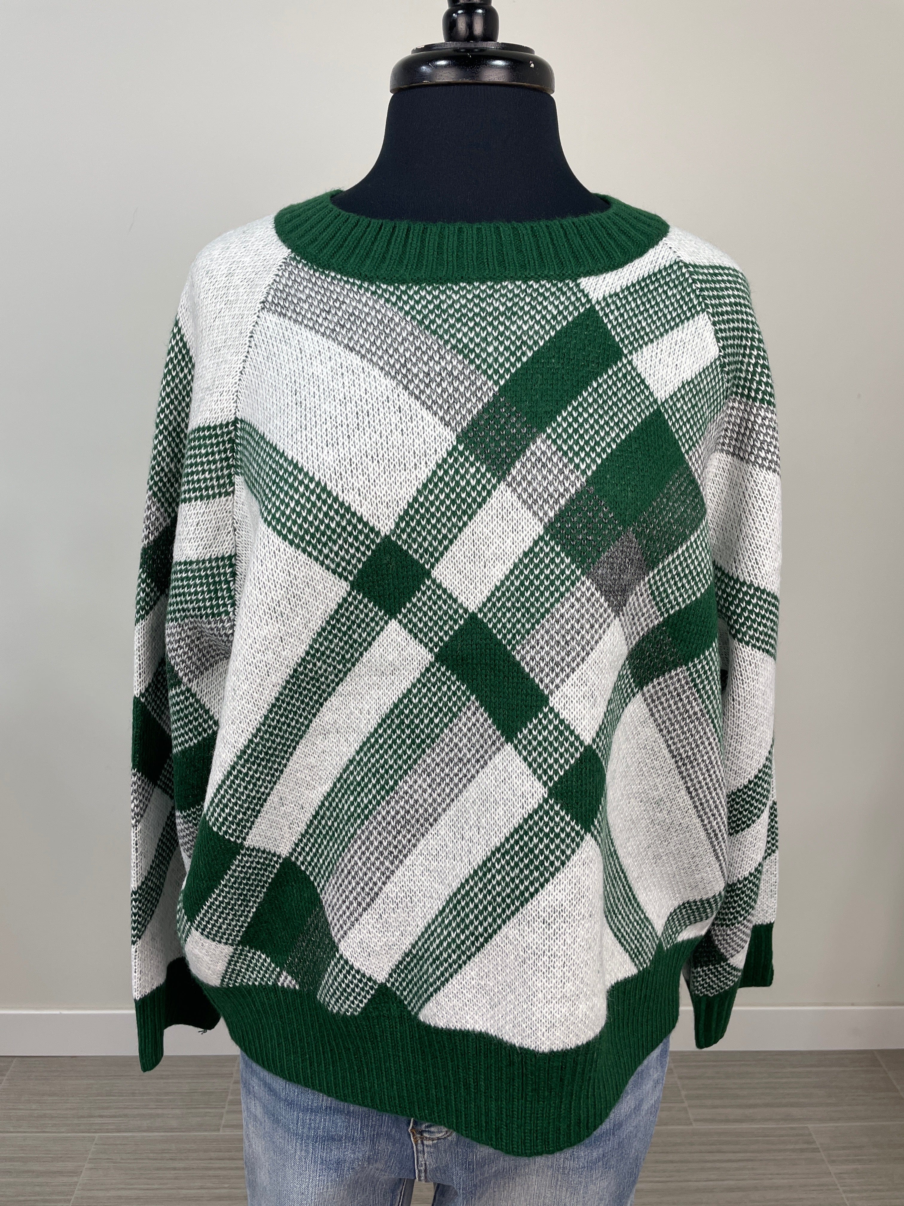 Green Stripe Plaid Jacquard Sweater