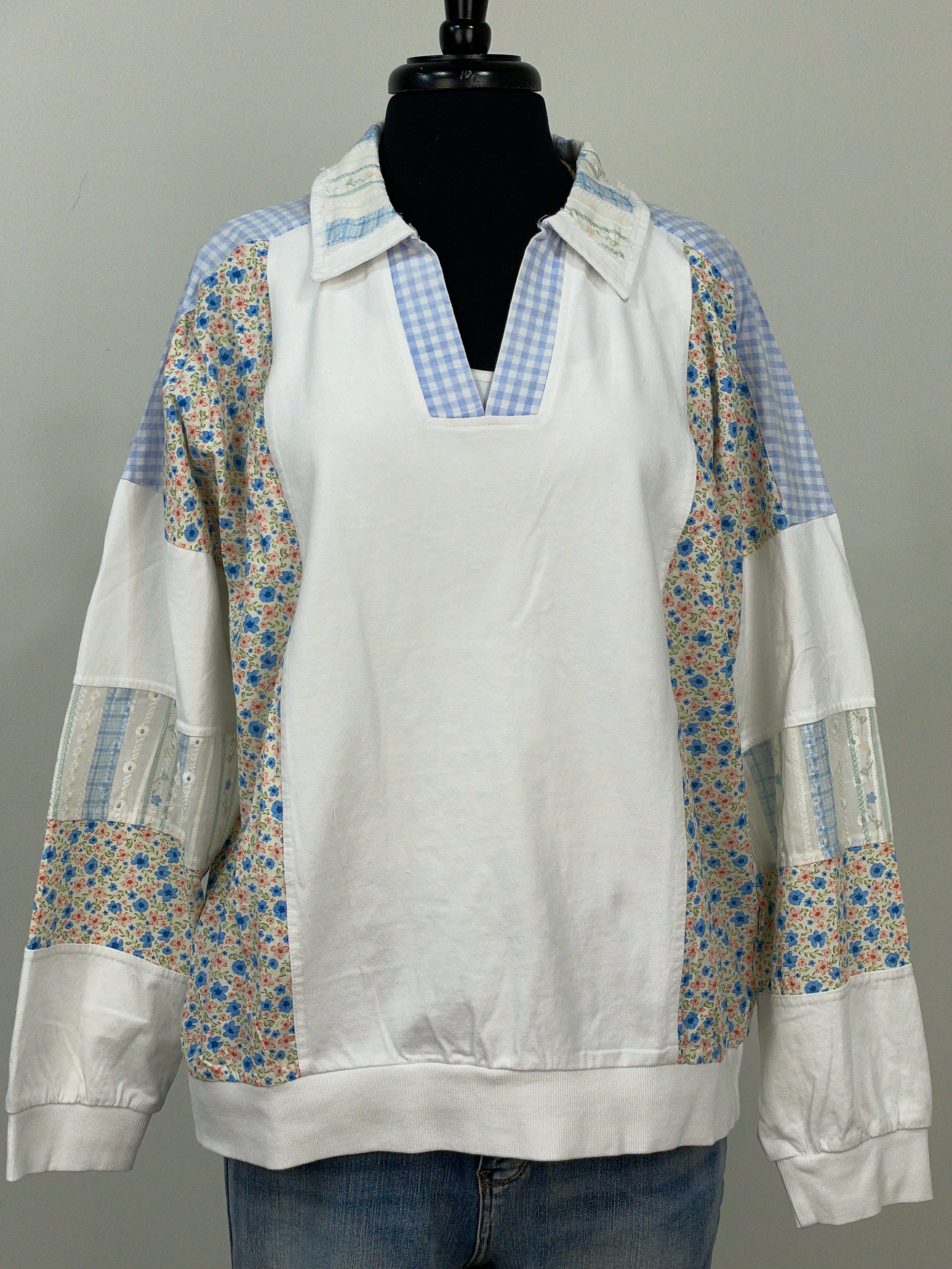 White Mixed Media Terry Pullover