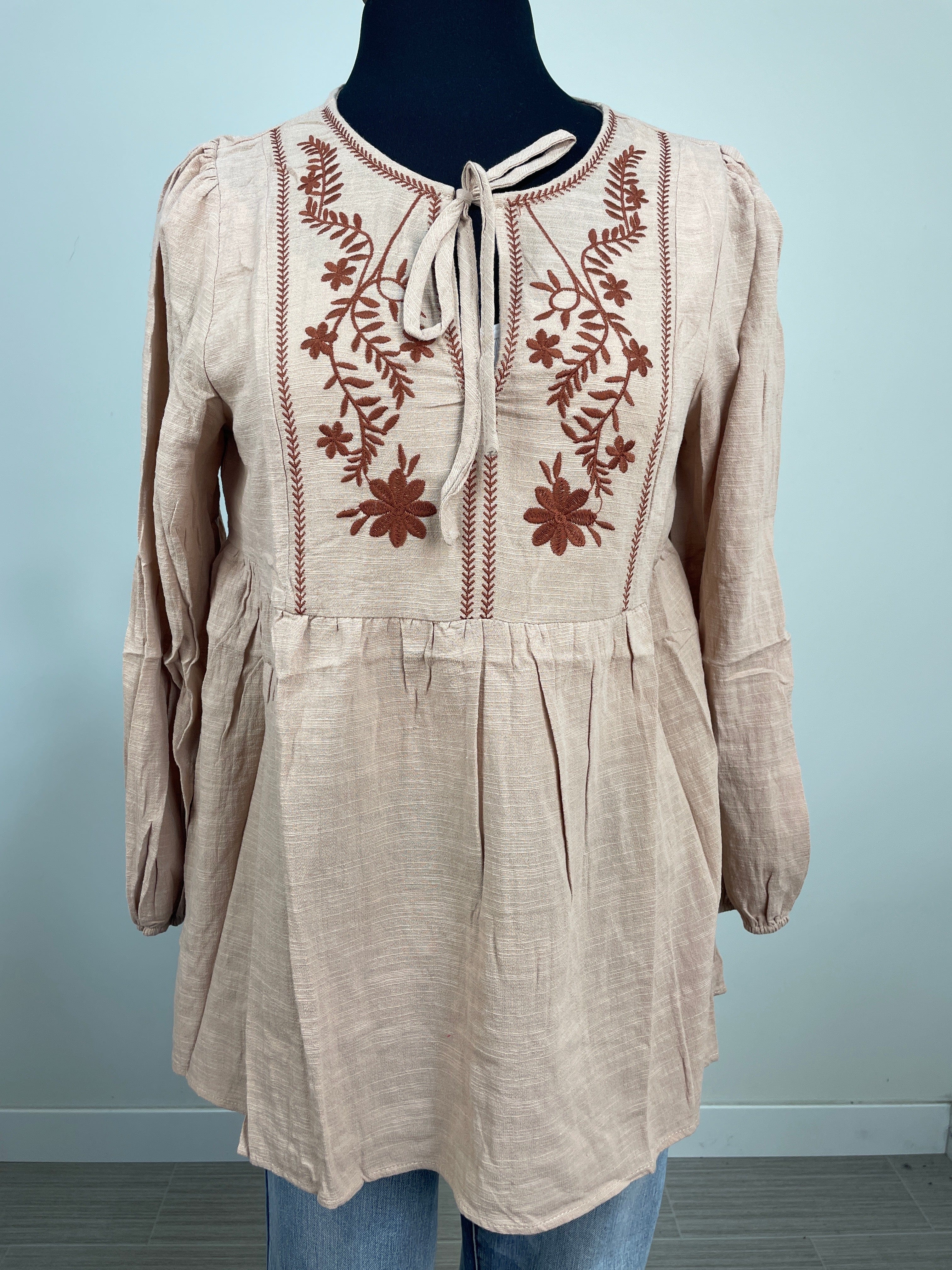 Taupe Embroidered Babydoll Top