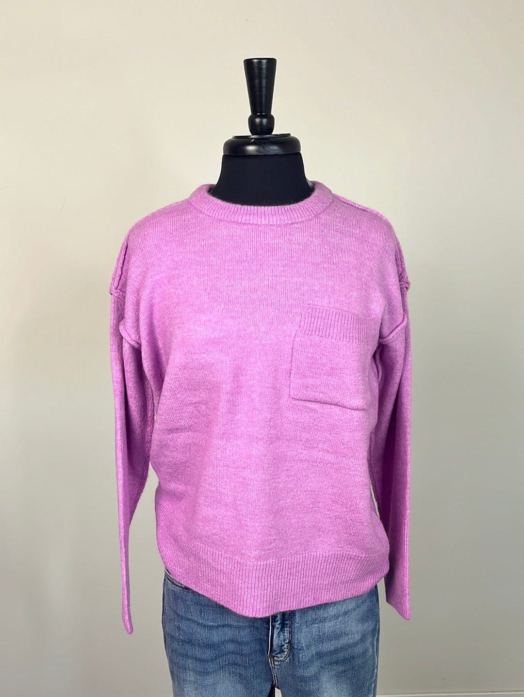 Heather Mauve Pocket Round Neck Sweater