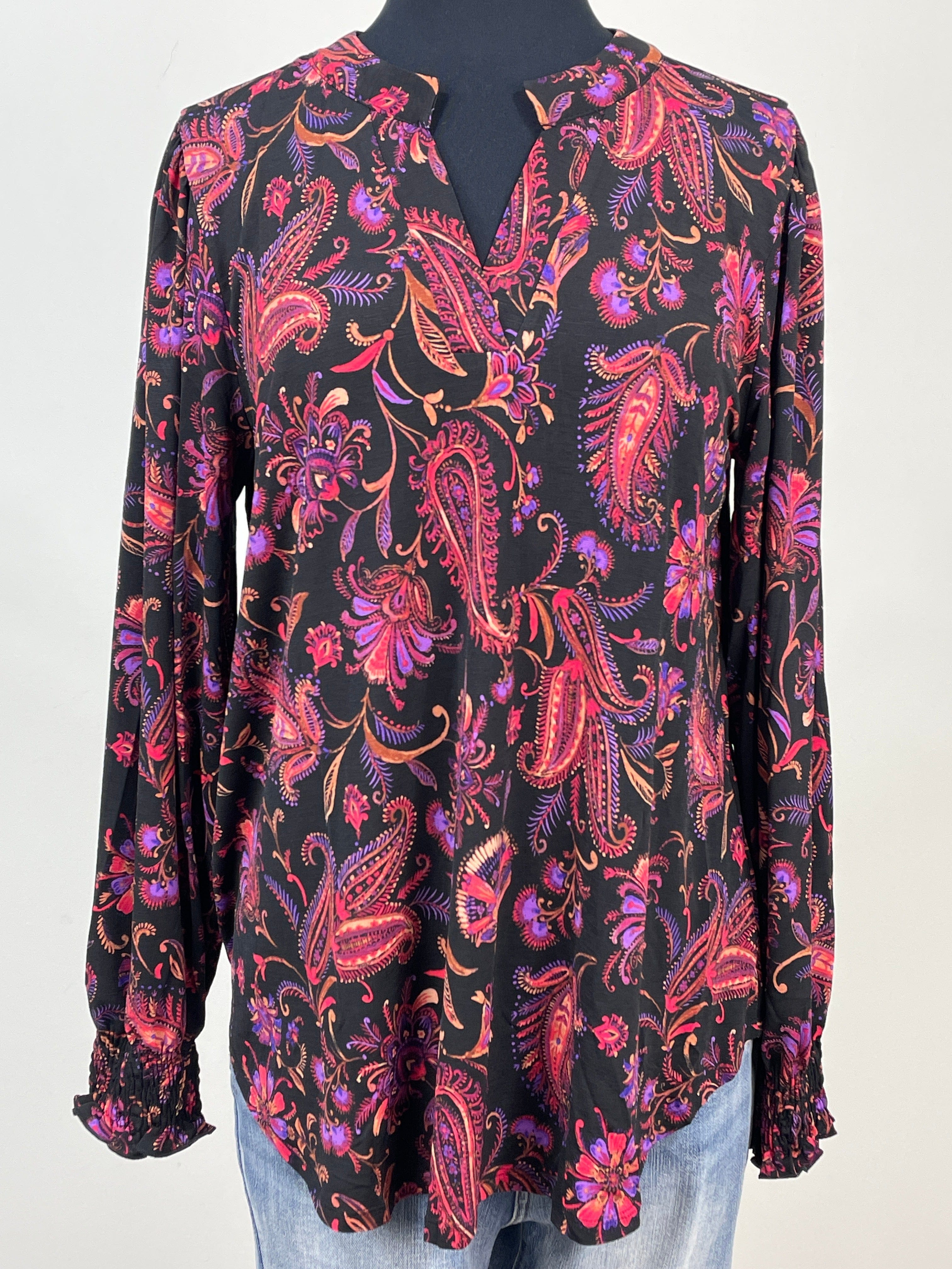 Black & Pink Paisley Smocked Sleeve Lizzy Blouse