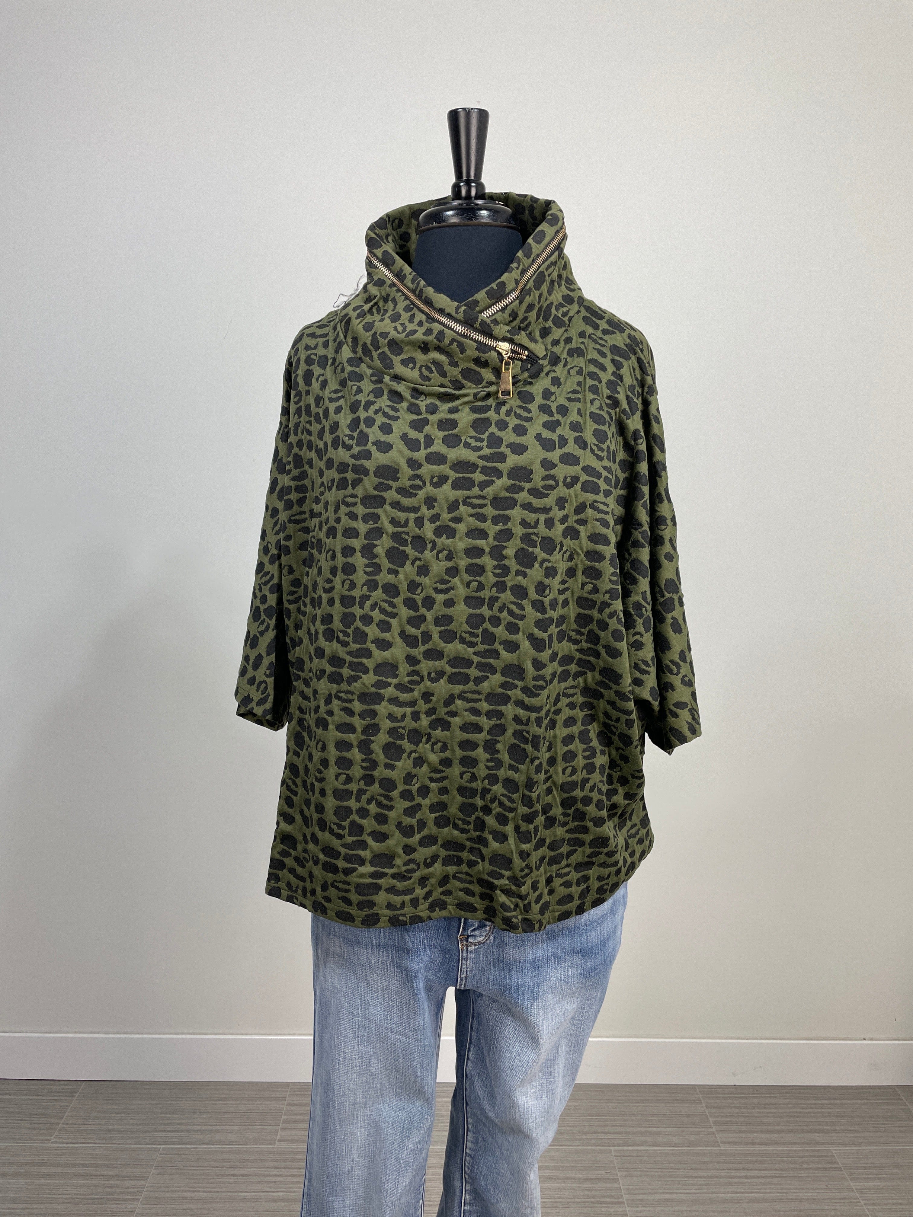 Green & Black Zip Cowl Top