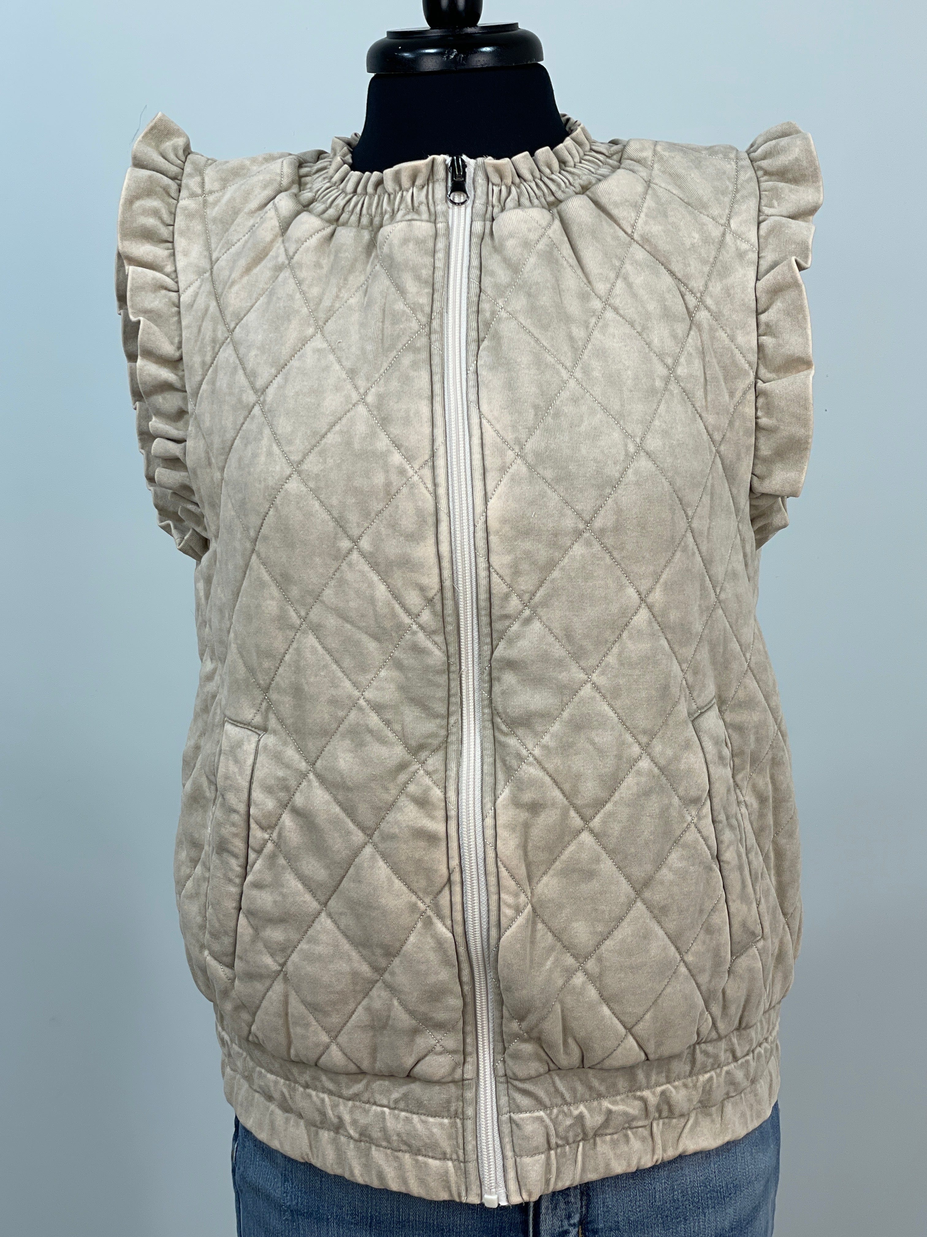 Beige Quilted Ruffle Sleeve Vest