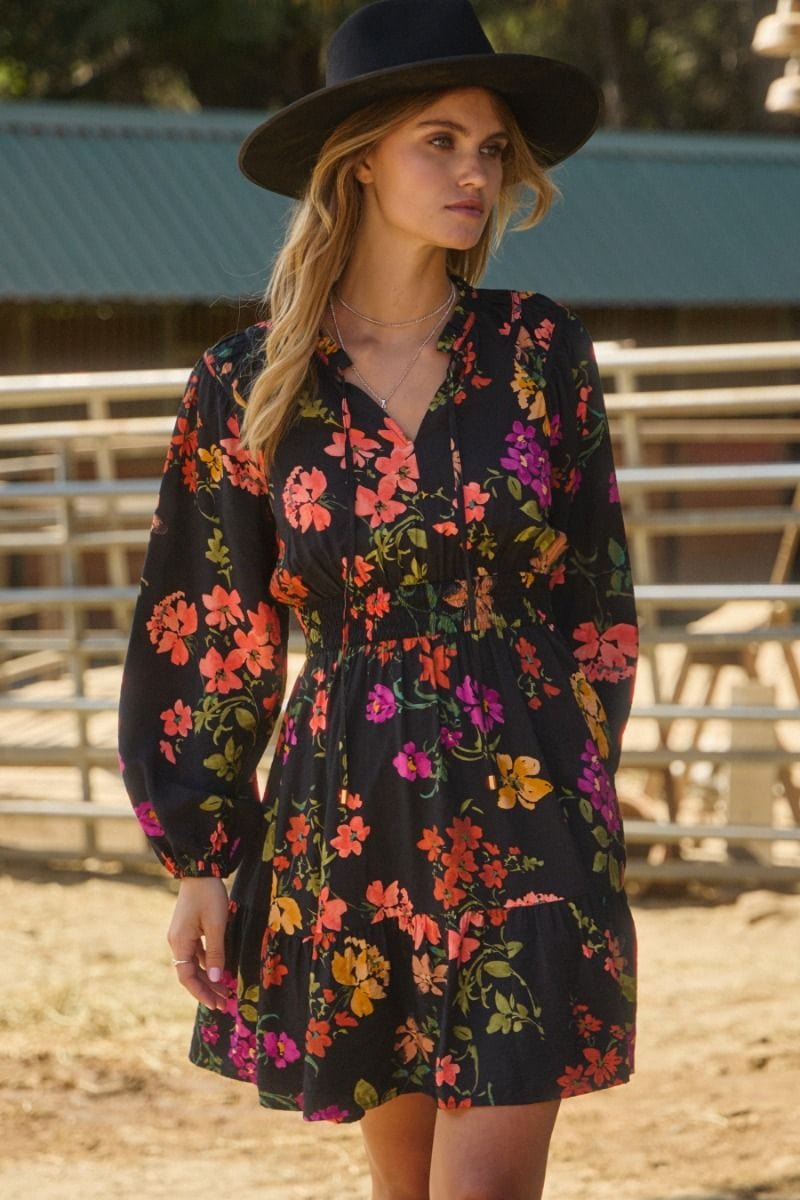 Black Floral Tie Front Dress