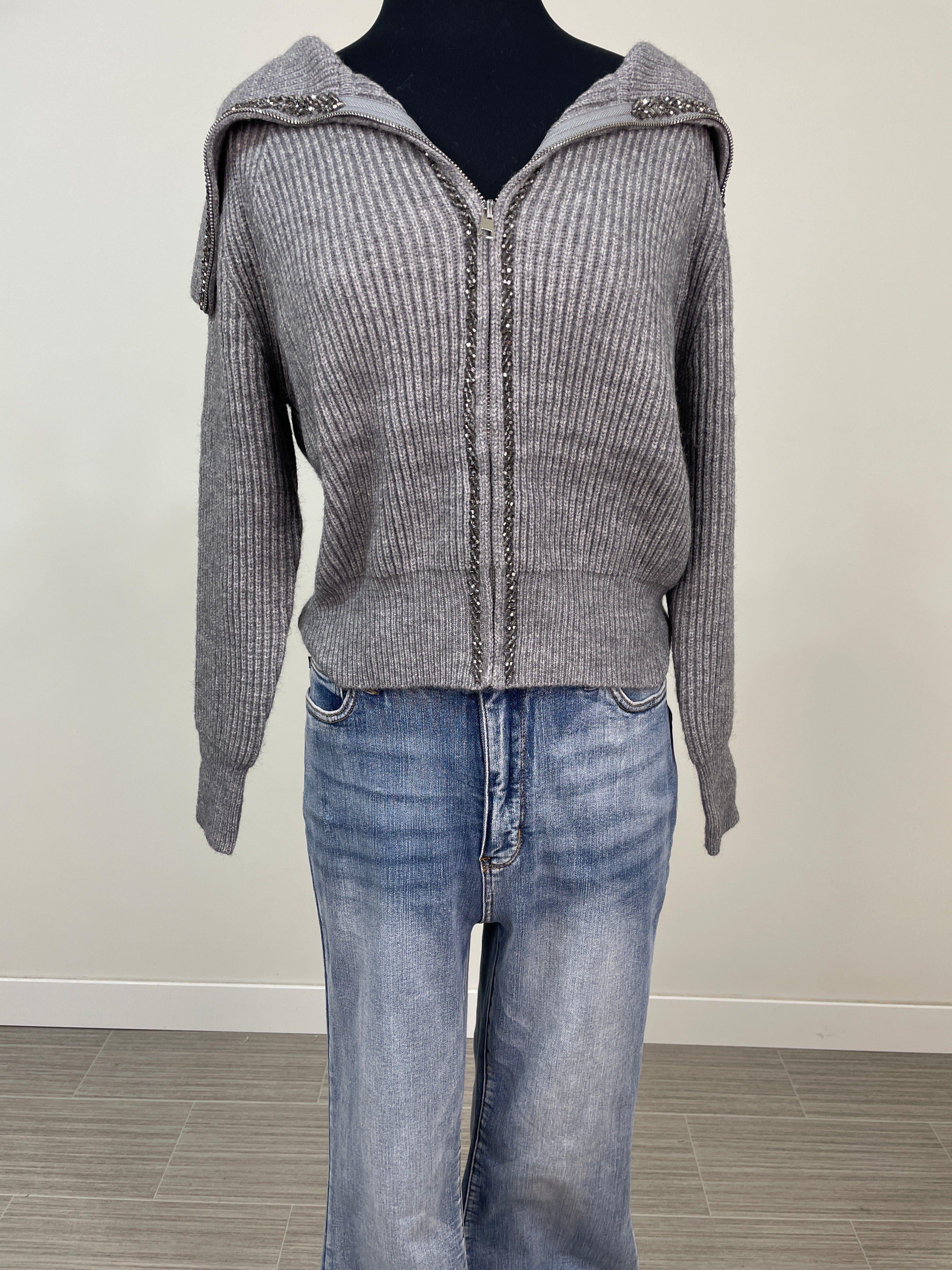 Grey Embellished Collard Cardigan