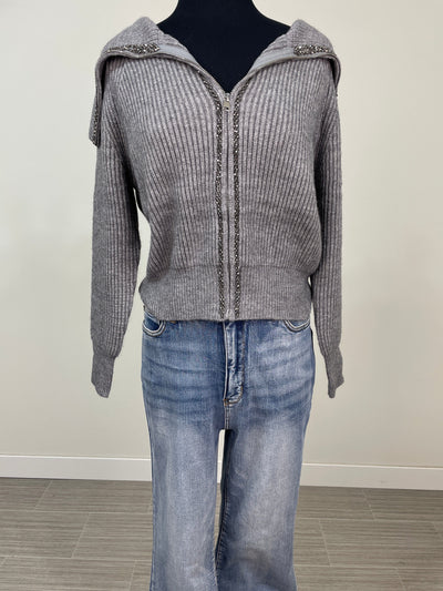 Grey Embellished Collard Cardigan
