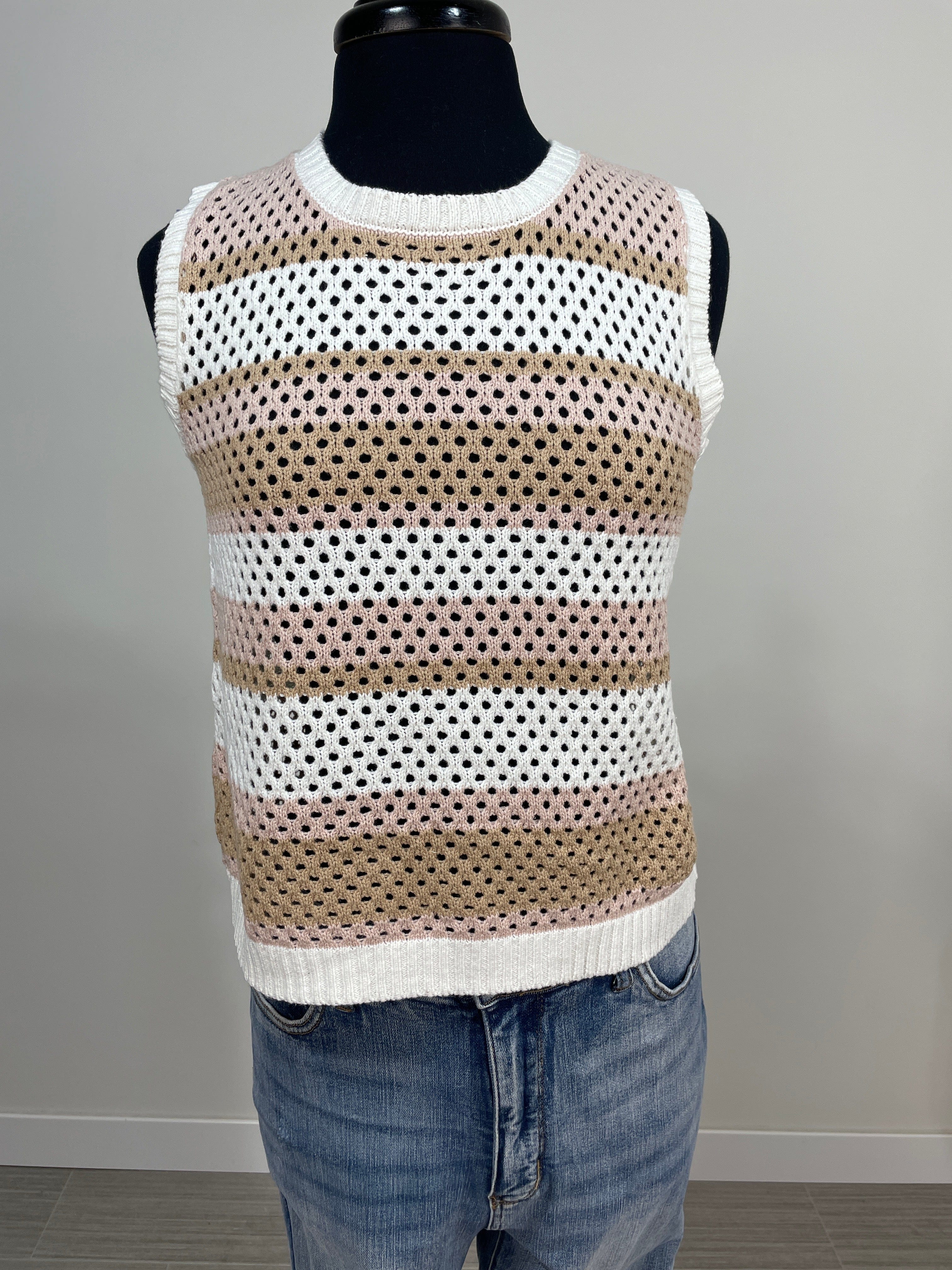 Pink & Tan Stripe Crochet Tie Back Tank Sweater
