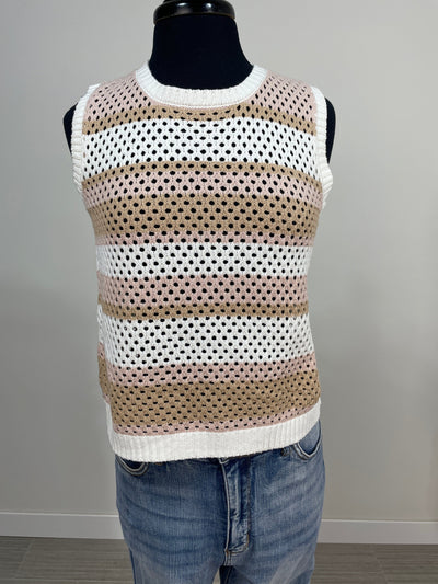 Pink & Tan Stripe Crochet Tie Back Tank Sweater