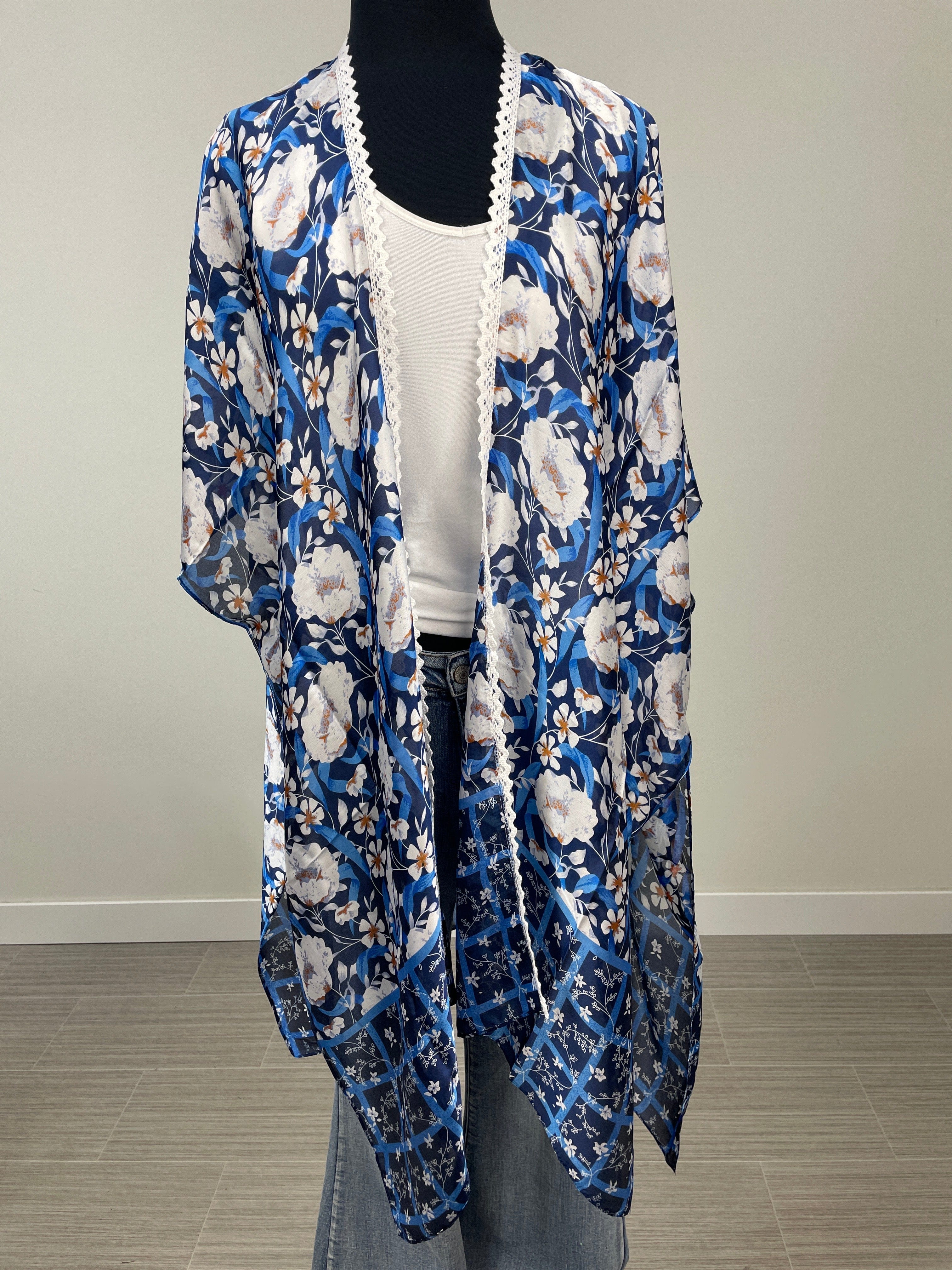 Navy & White Peony Silk Kimono