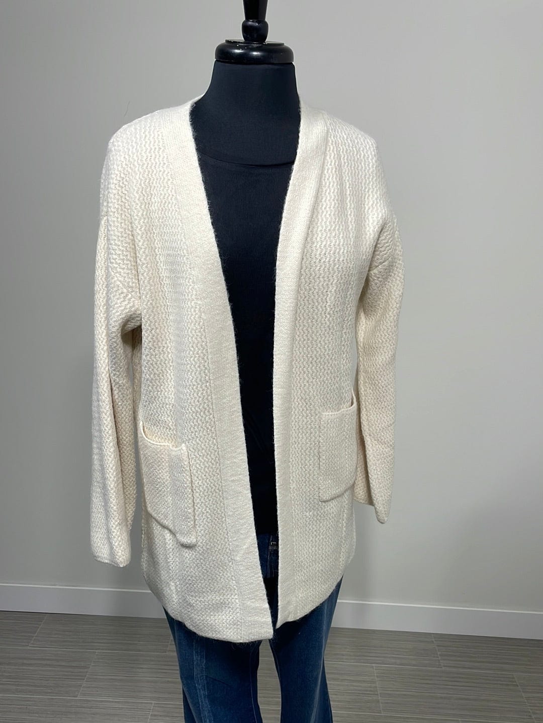 Ivory Knit Open Front Pocket Cardigan