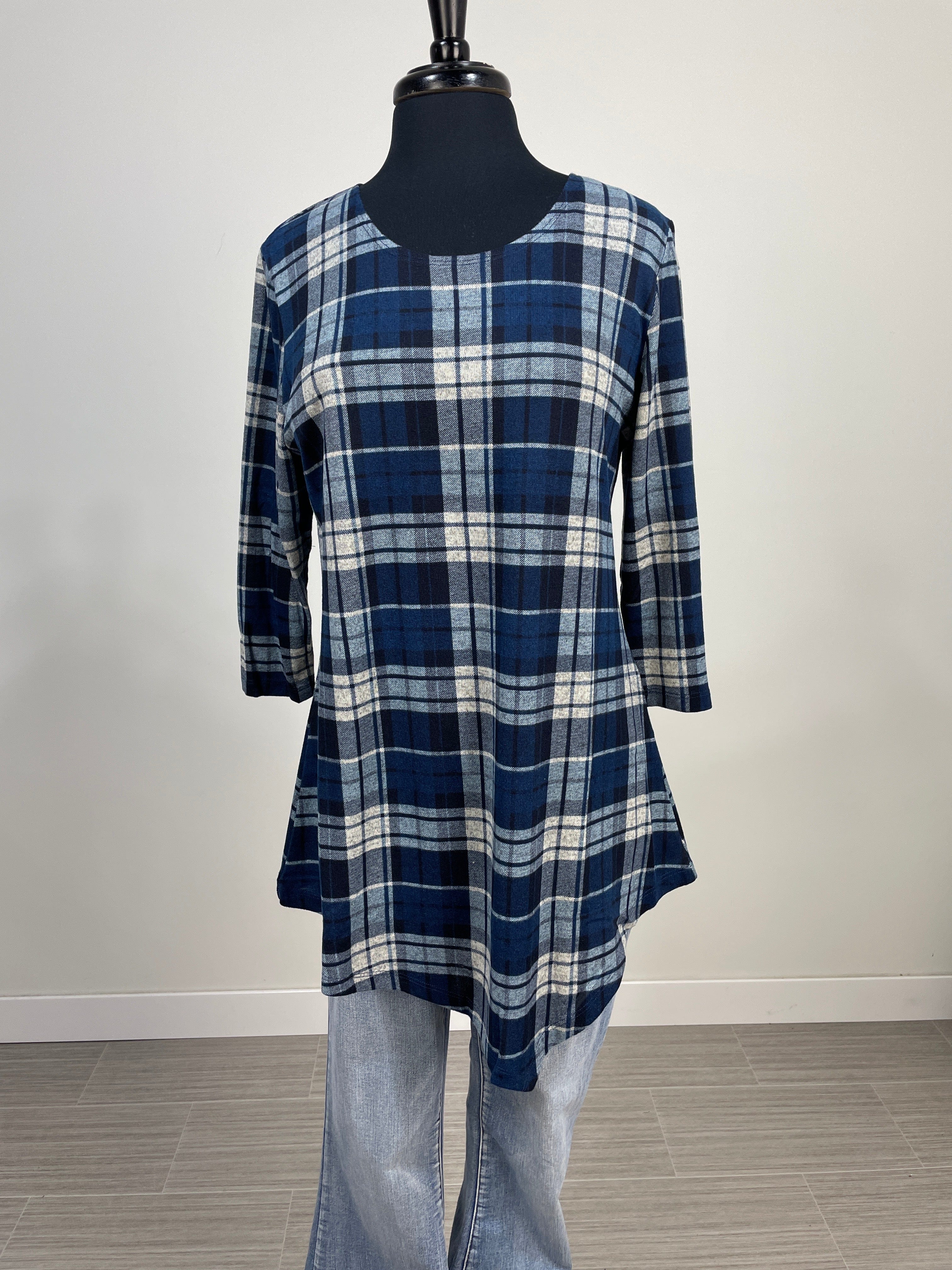 Blue Plaid 3/4 Sleeve Top