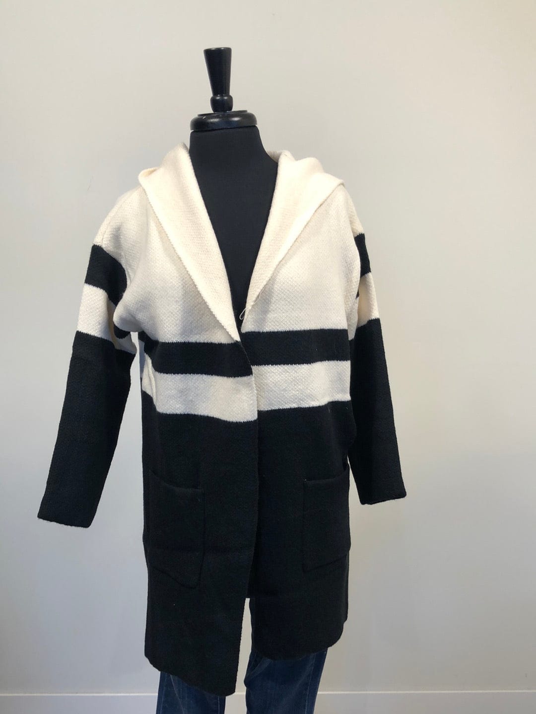 Black Stripe Hooded Cardigan