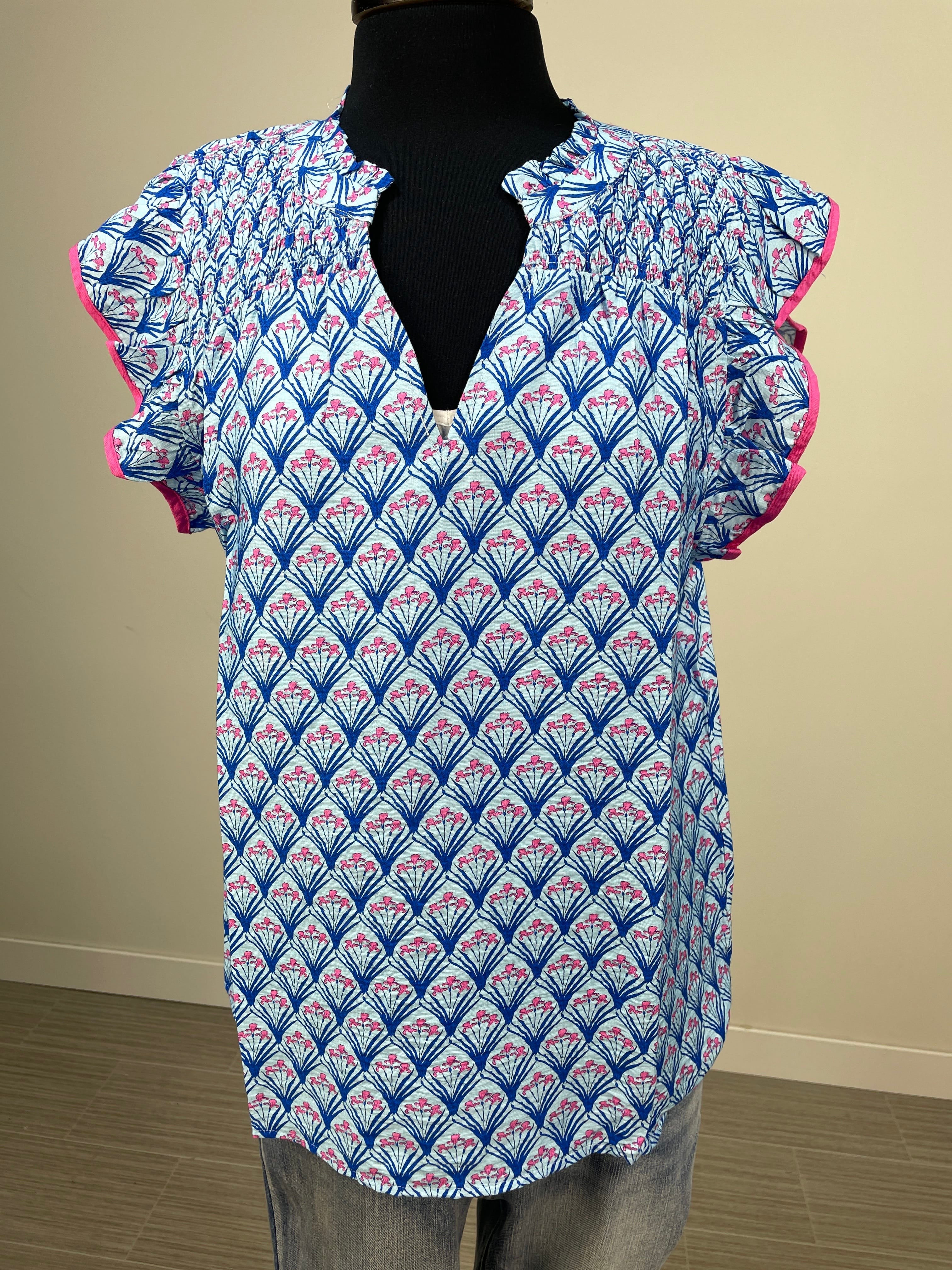 Blue Botanical Tile Ruffle Sleeve Blouse