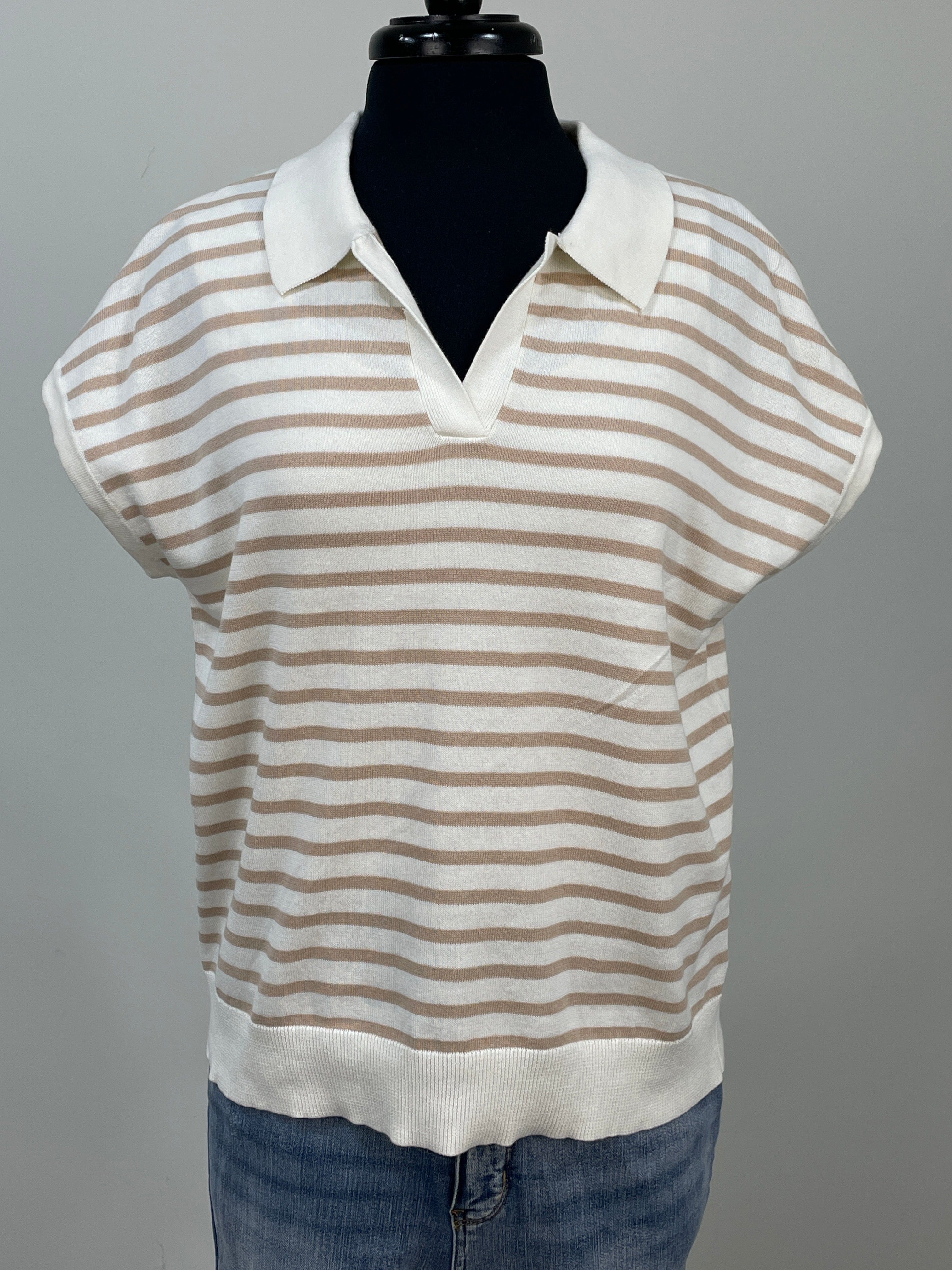 Ivory & Taupe Stripe Summer Polo Sweater