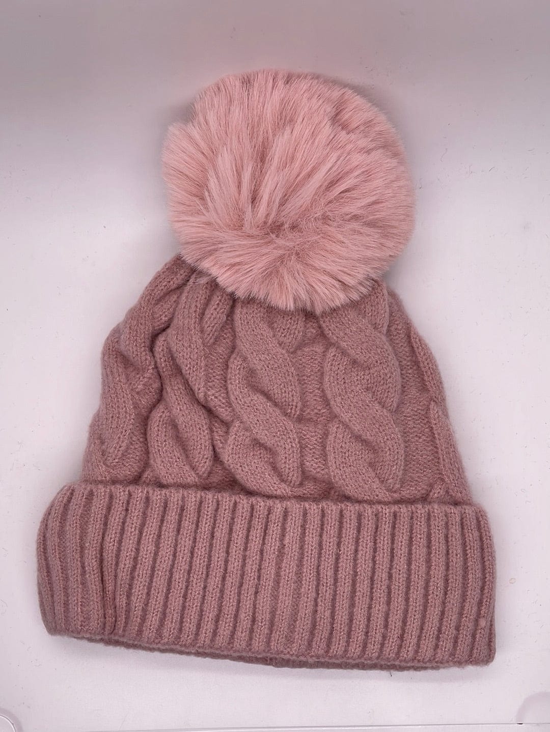 Pink Twisted Knit Fur Lined Hat