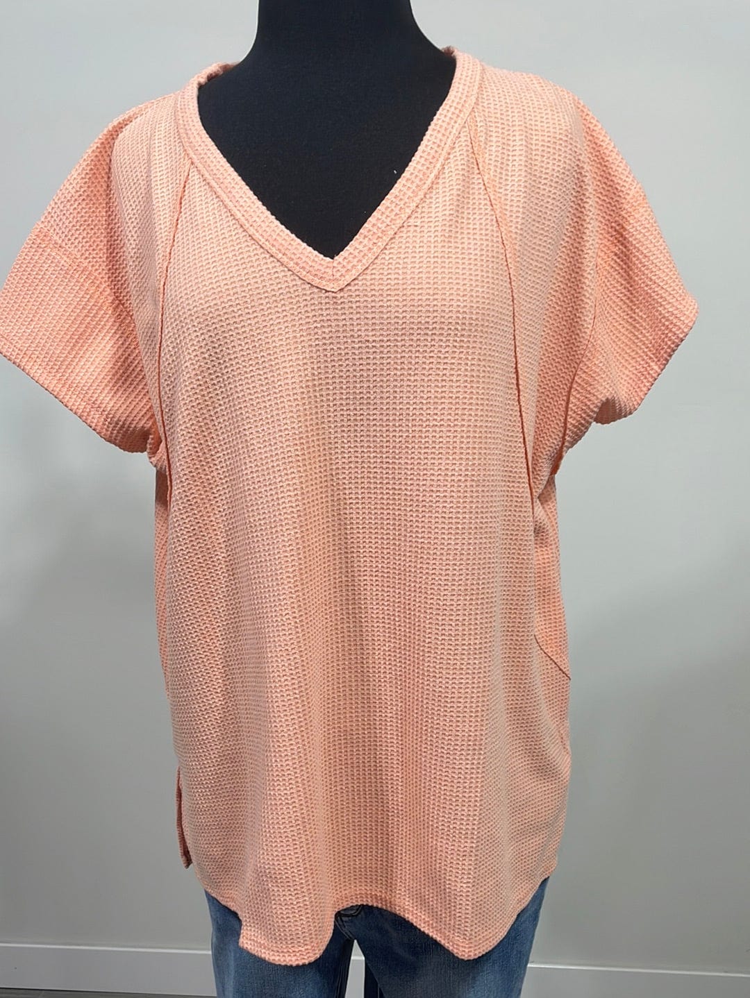 Apricot VNeck Knit Waffle Top