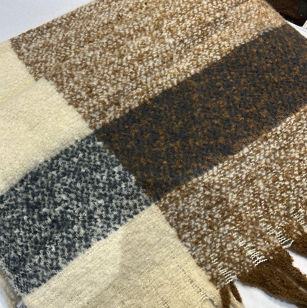 Khaki Plaid Long Luxe Scarf w/Fringe
