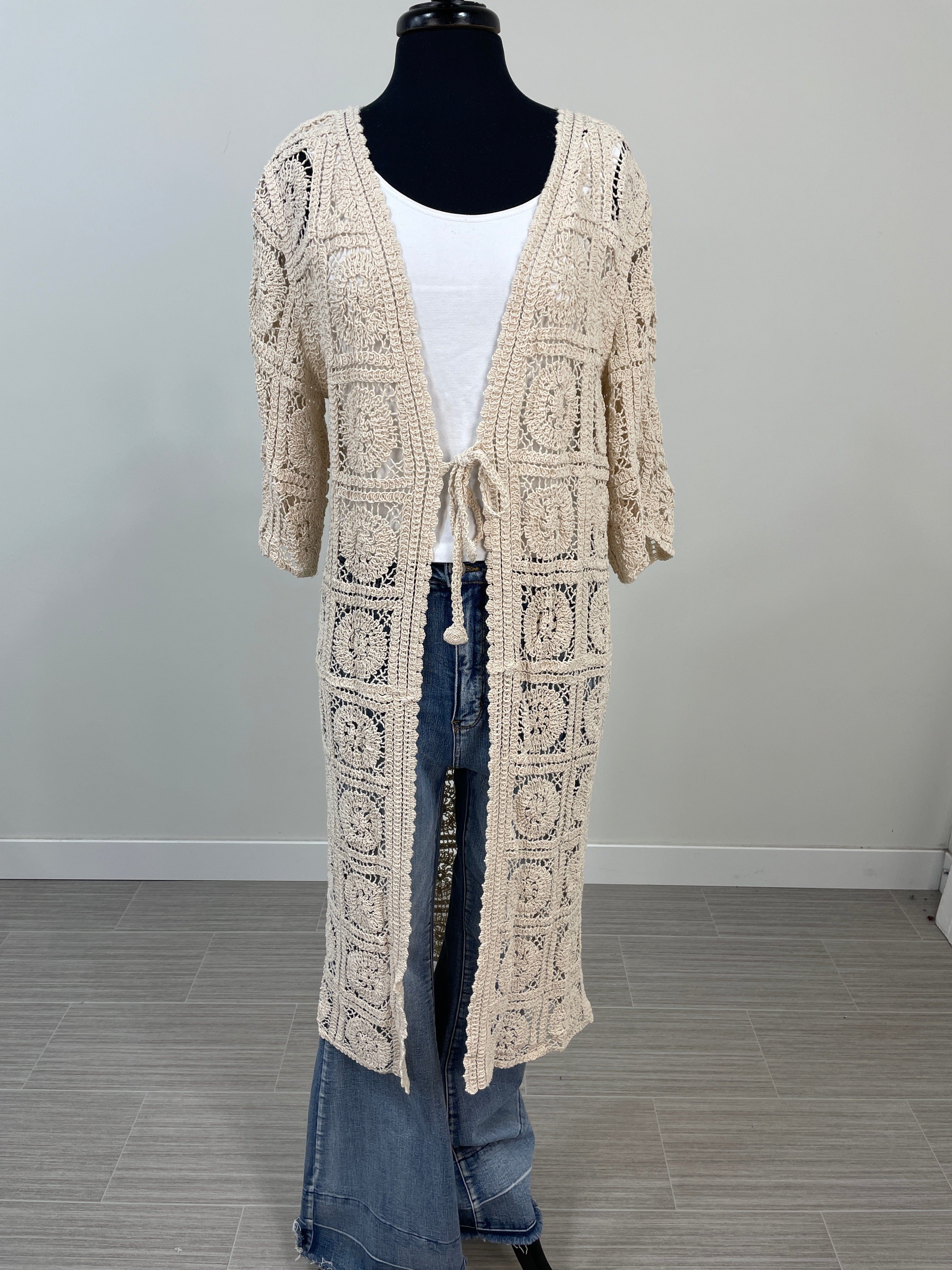 Long Taupe Crochet Tie Front Cardigan