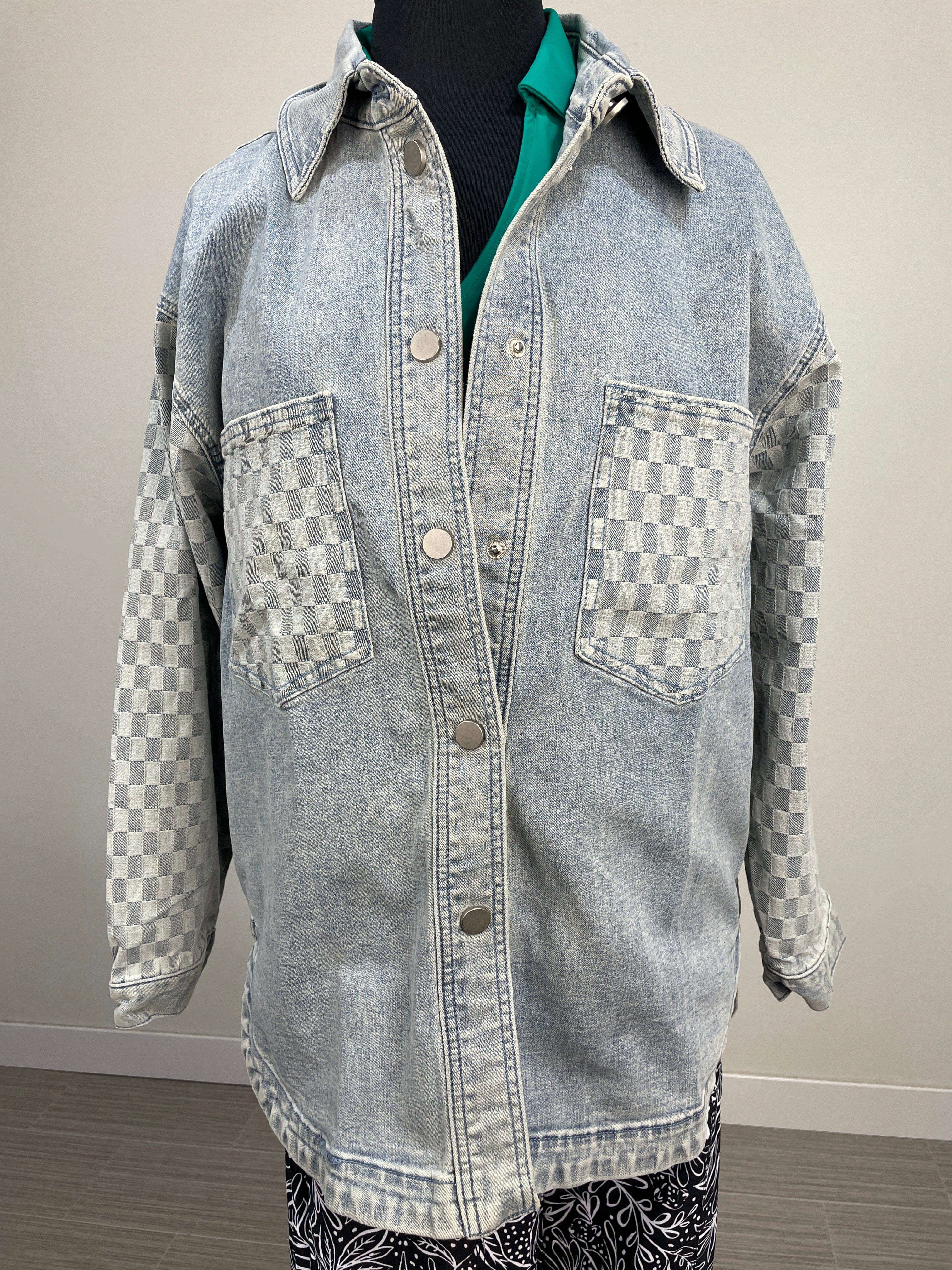 Medium Washed Checkerboard Stretch Denim Top