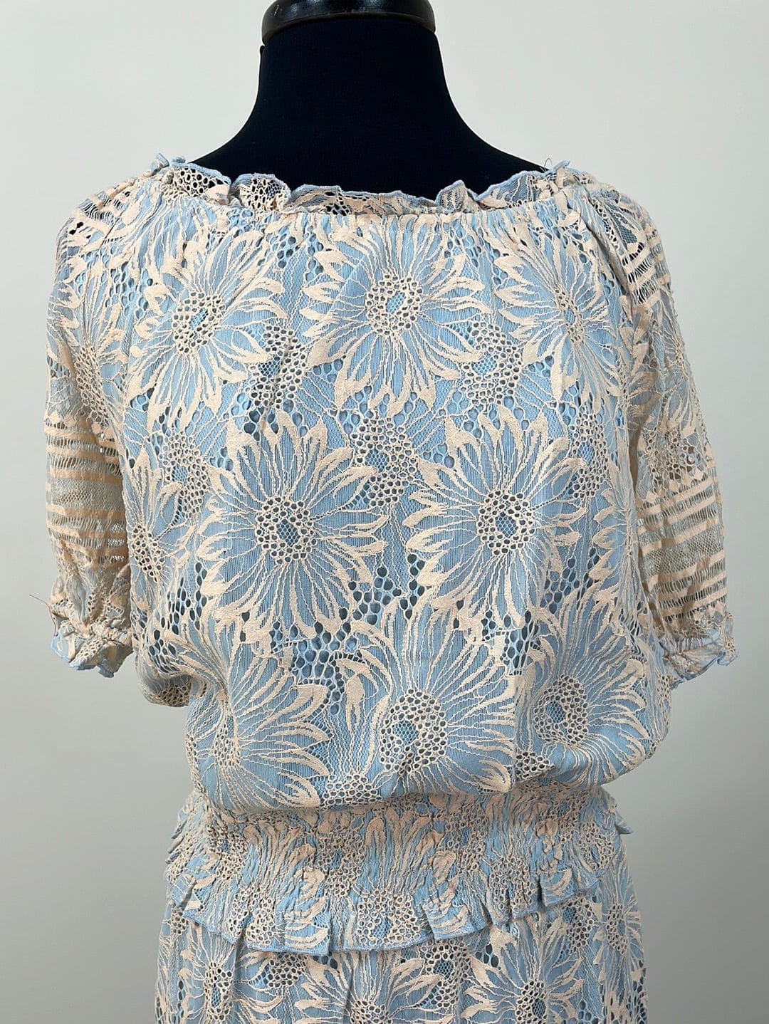 Blue Tiered Lace Smocked Top