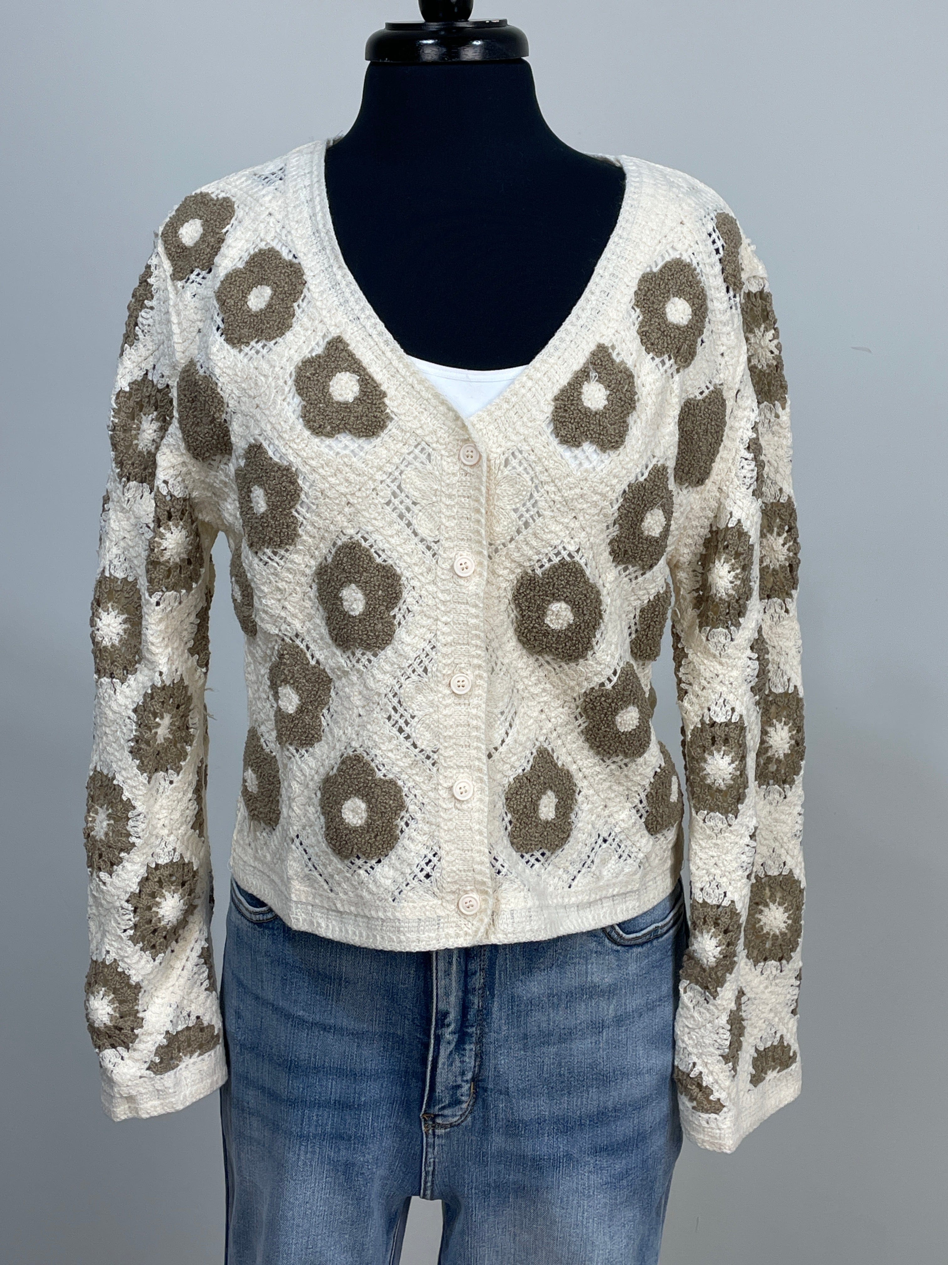 Taupe Flower Crochet Cropped Cardigan