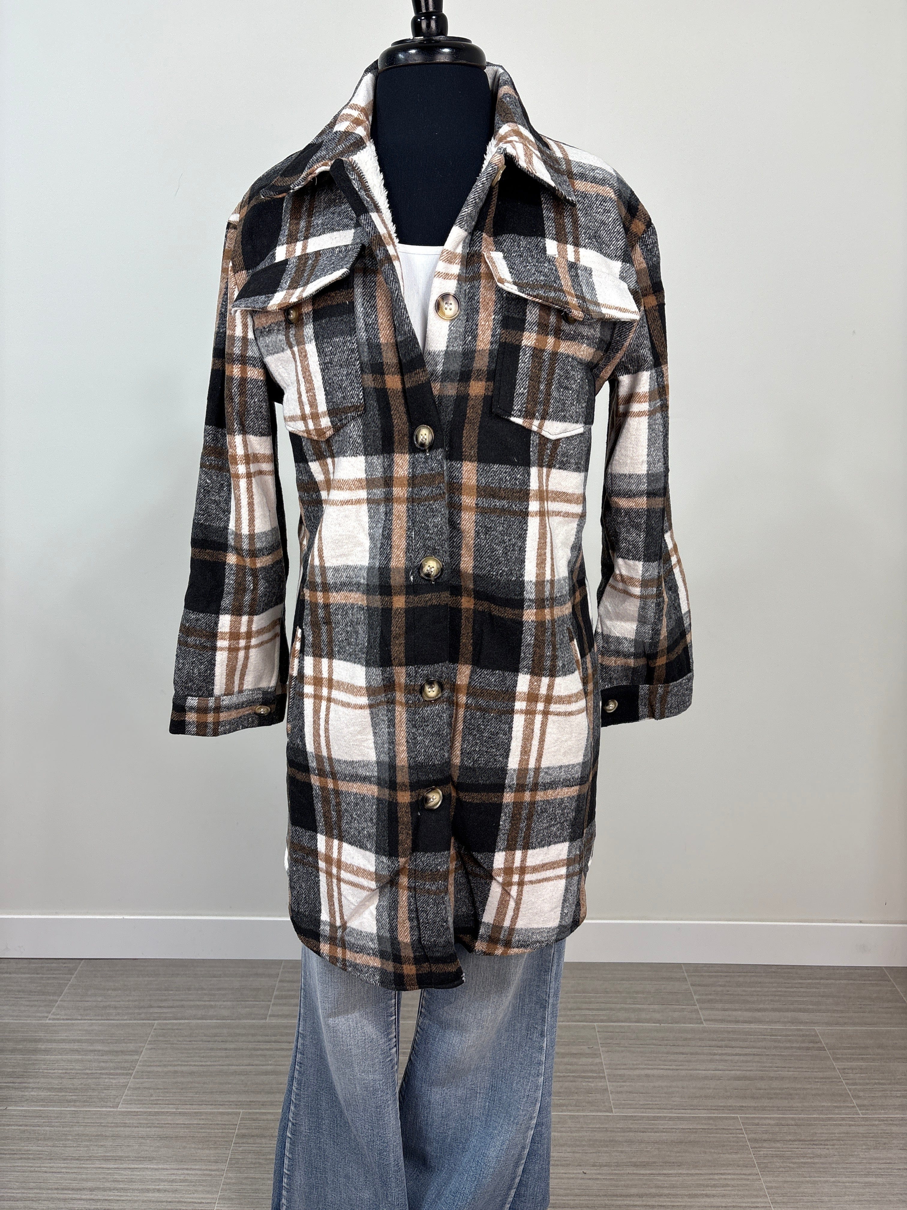 Brown & Black Plaid Sherpa Lined Shacket