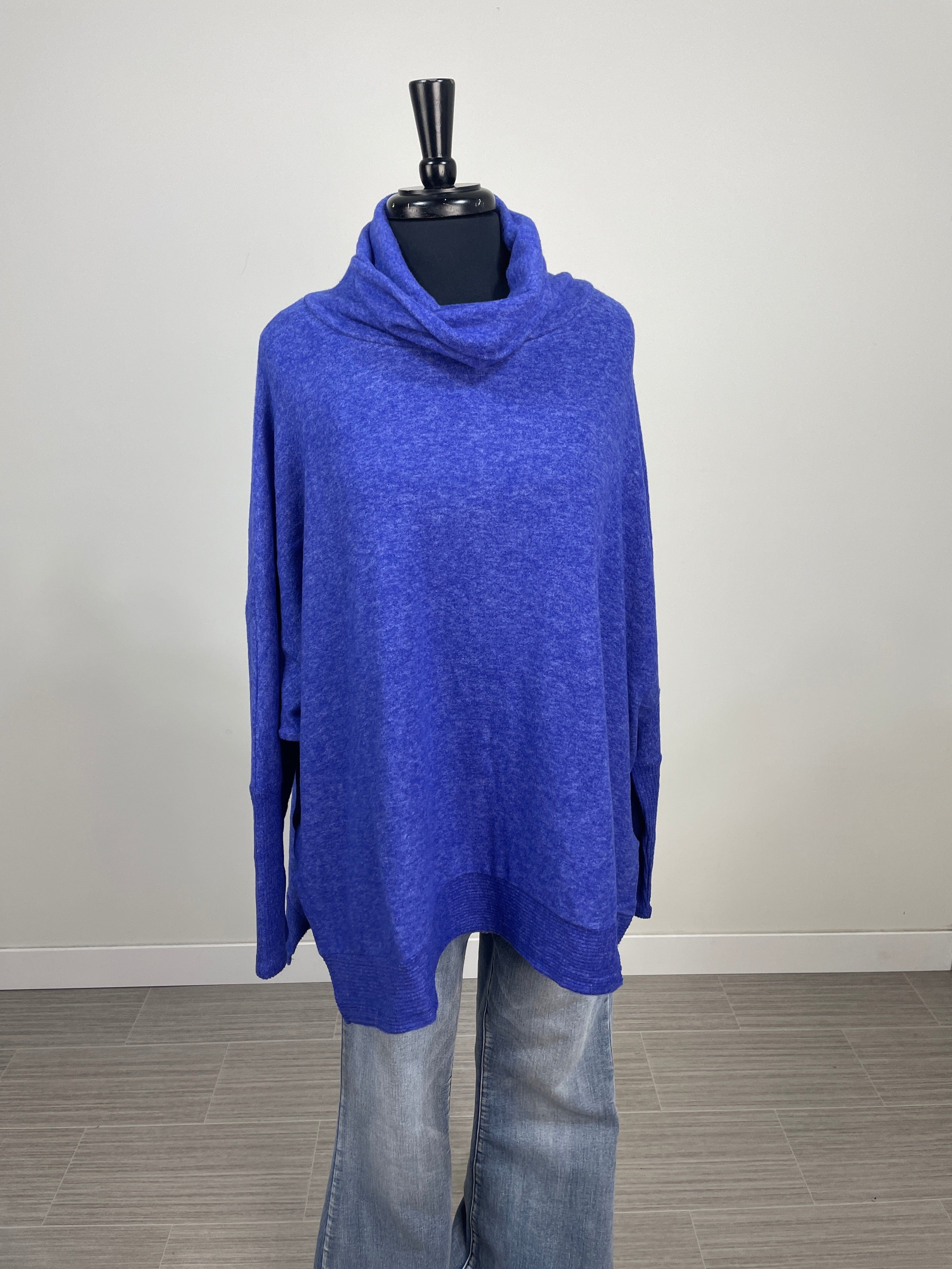 Bright Blue Brushed Cowl Poncho Sweater