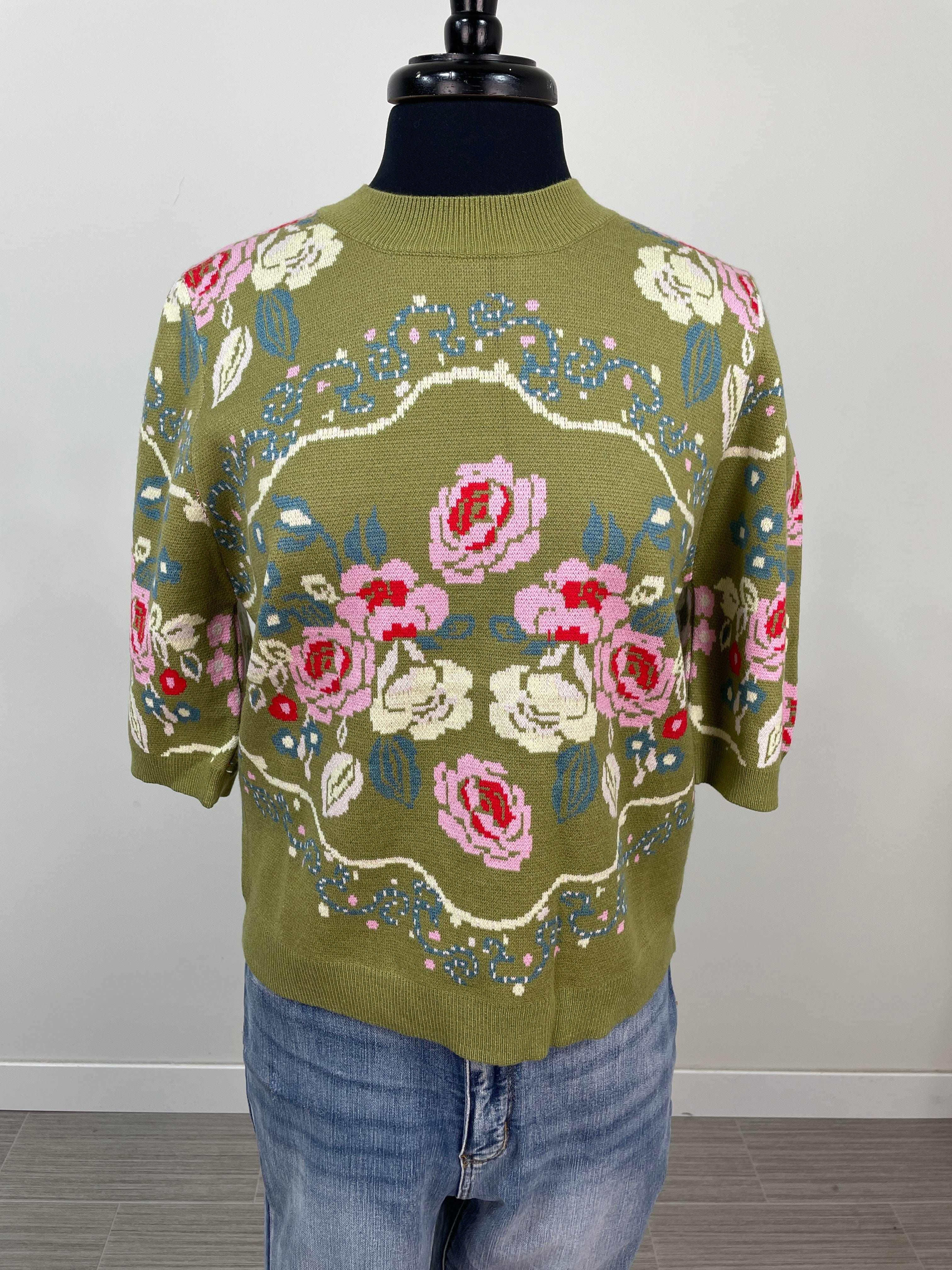 Green Floral Short Sleeve Knit Top