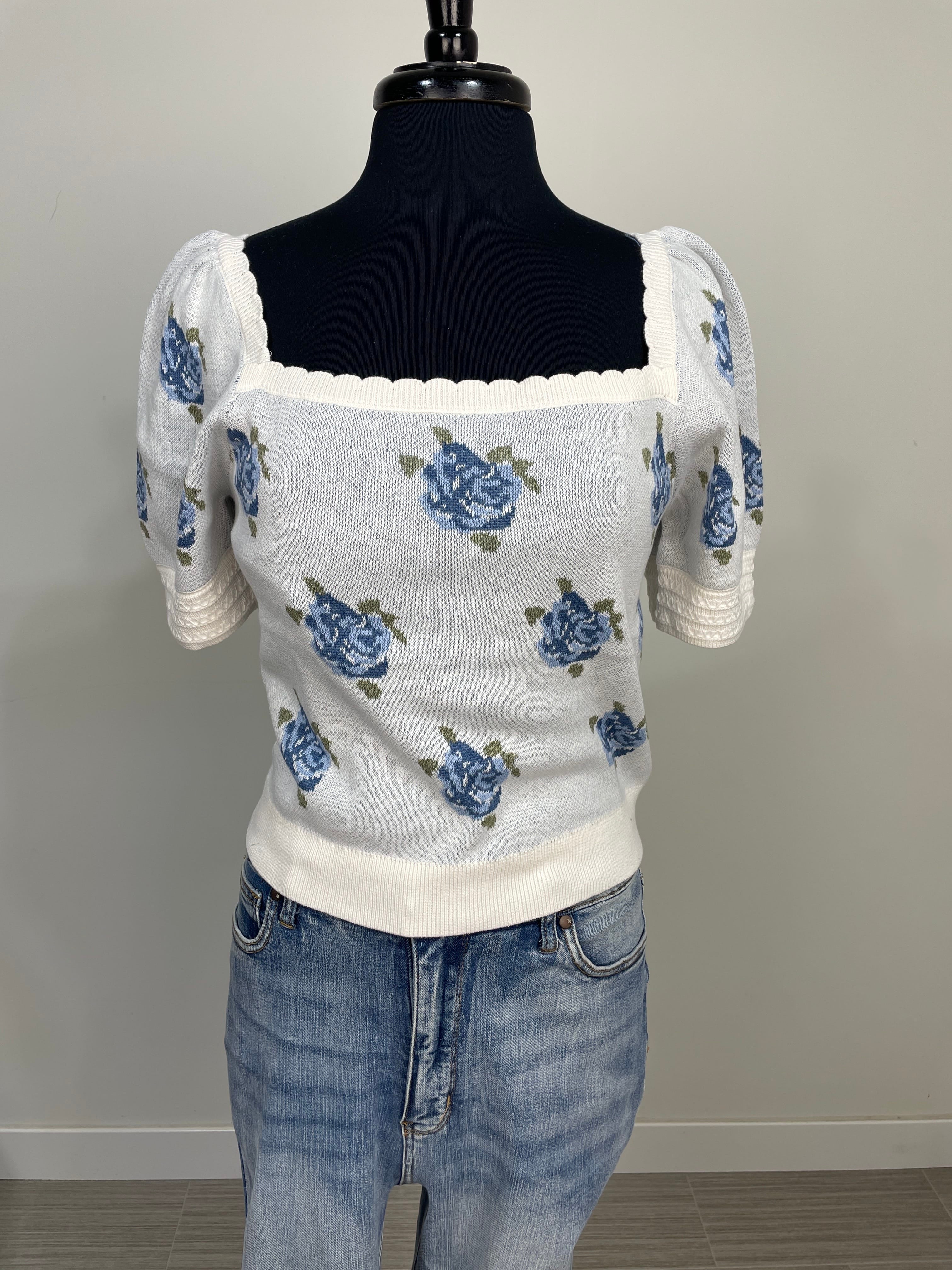 Blue Floral Sweater Top