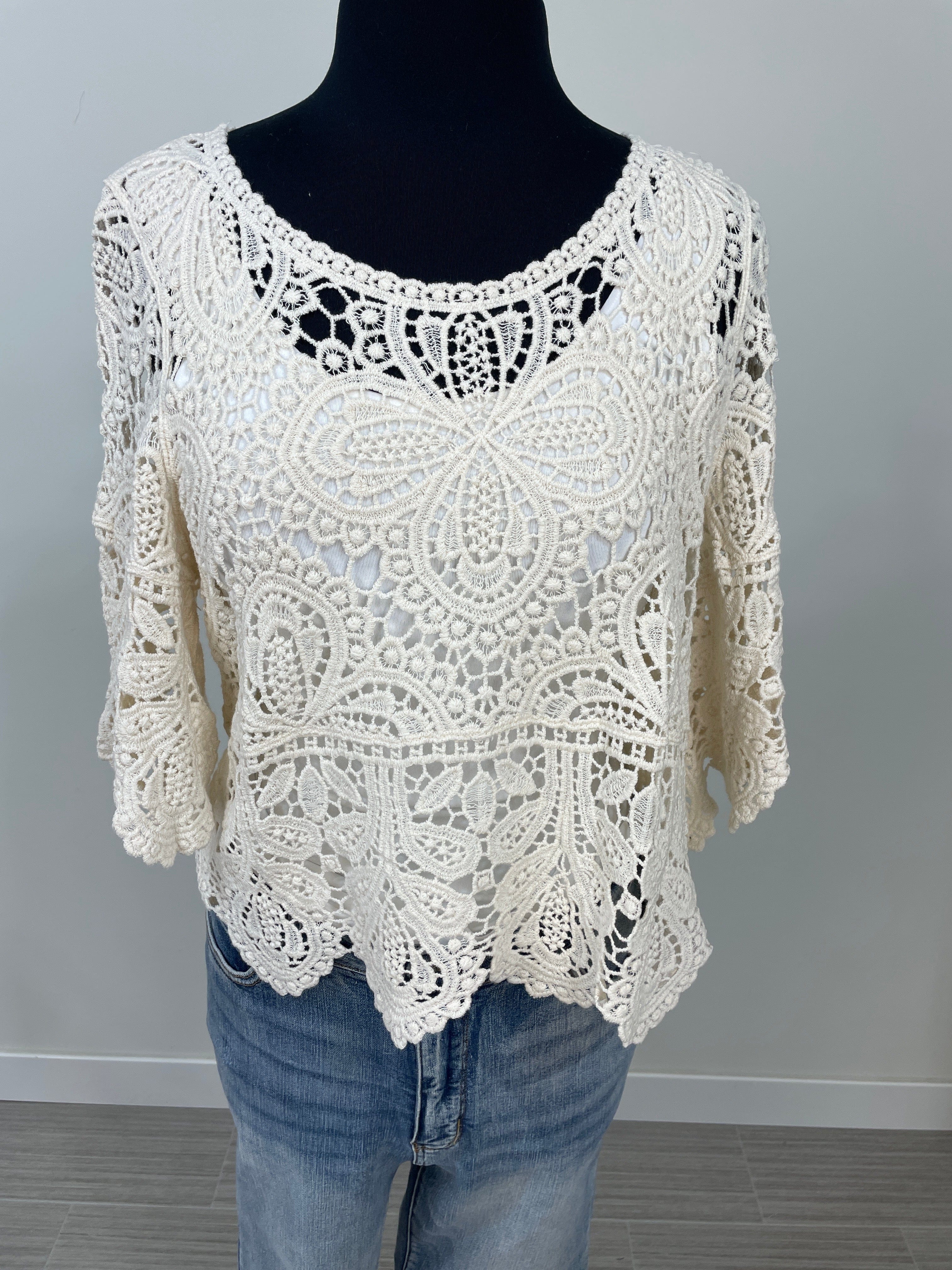 Cream Crochet Flare Sleeve Top